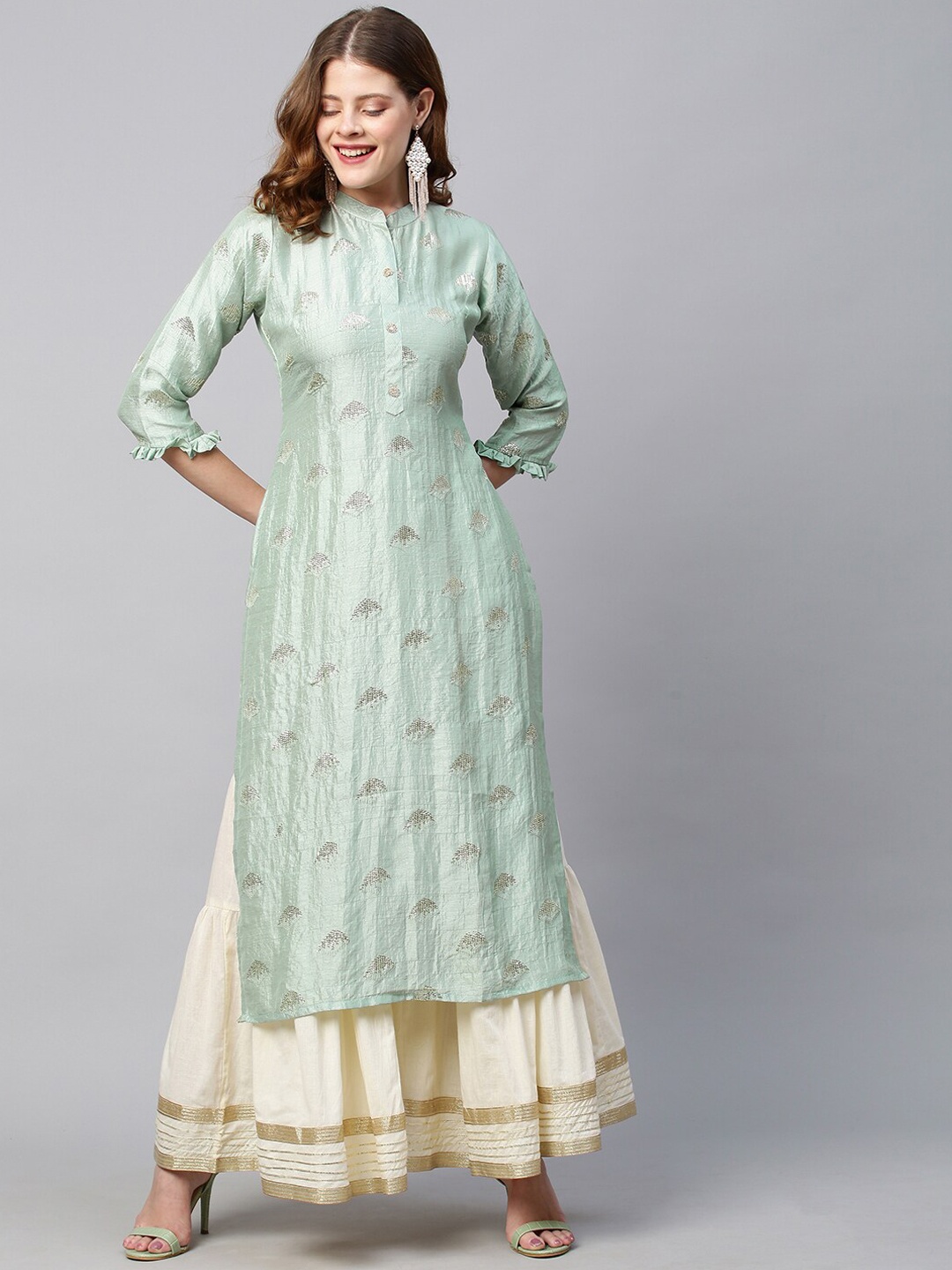 

FASHOR Women Green Striped Keyhole Neck Anarkali Kurta