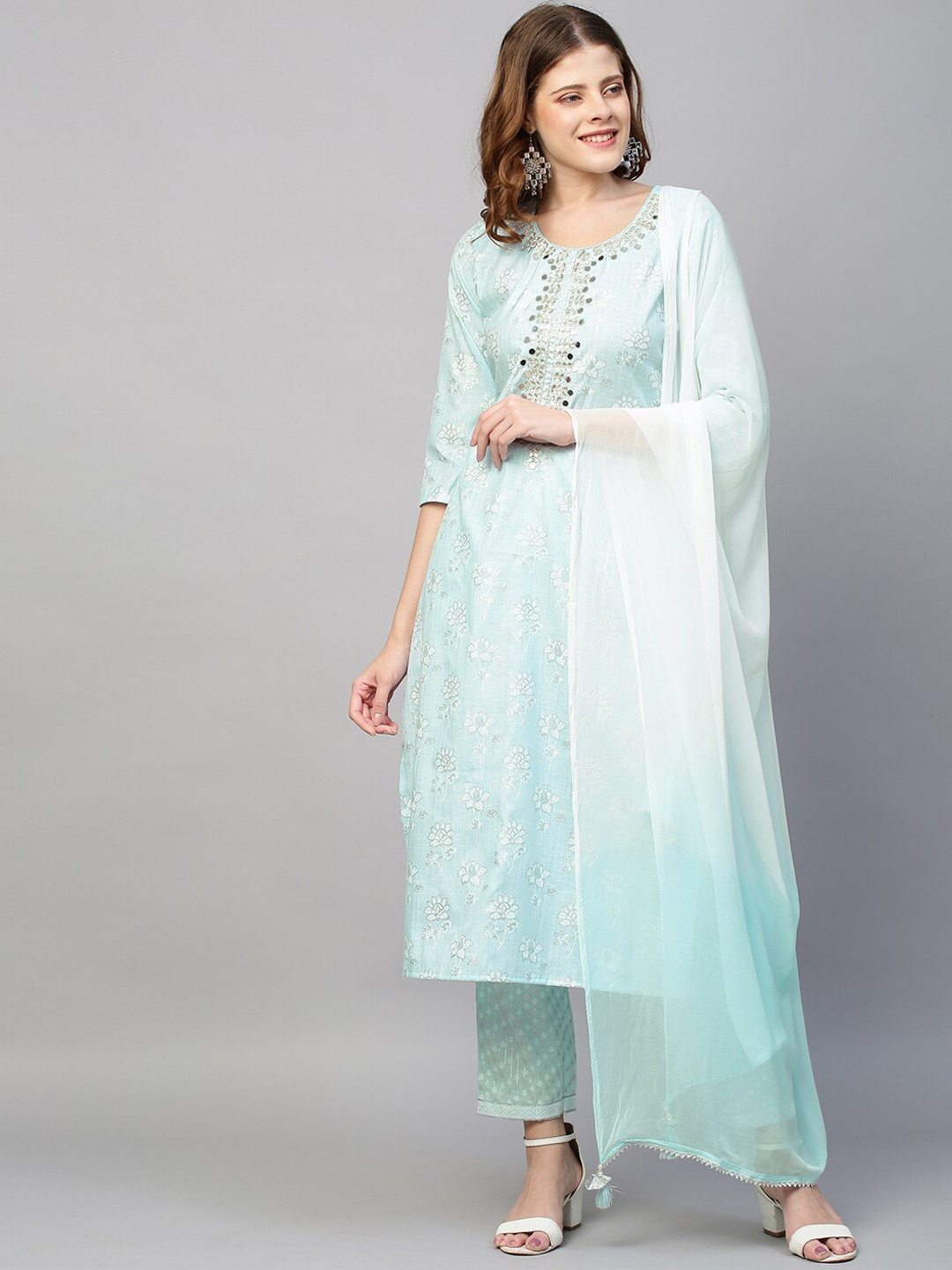 

FASHOR Women Blue Embroidered Empire Gotta Patti Pure Cotton Kurta with Churidar & With Dupatta