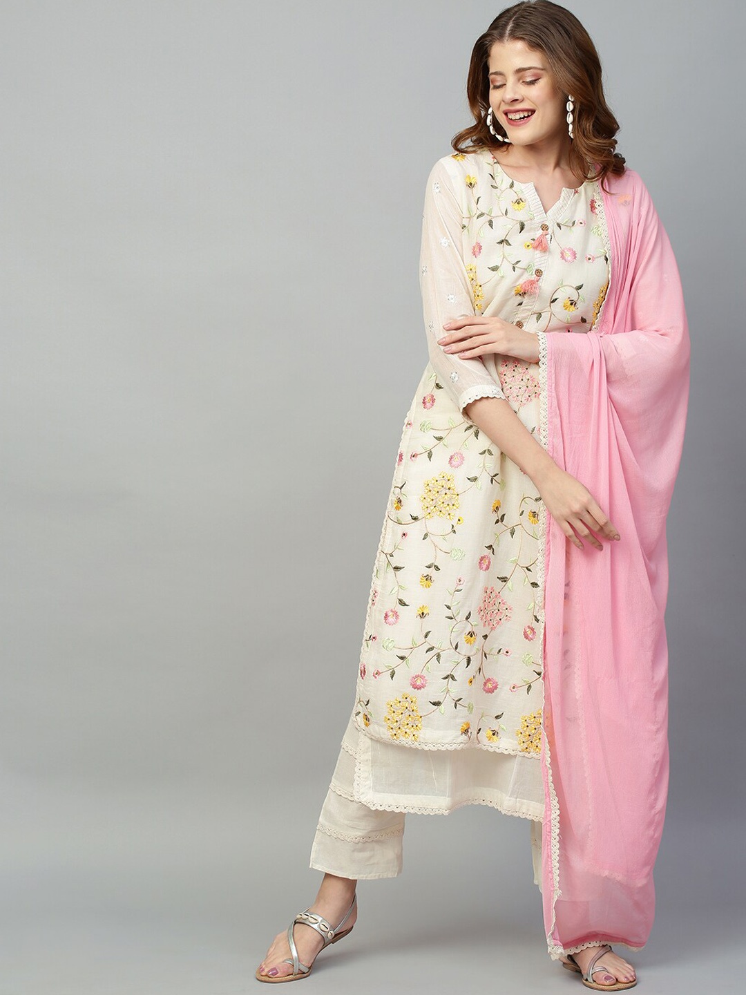 

FASHOR Women Off White Pleated Thread Work Pure Cotton Kurti with Trousers