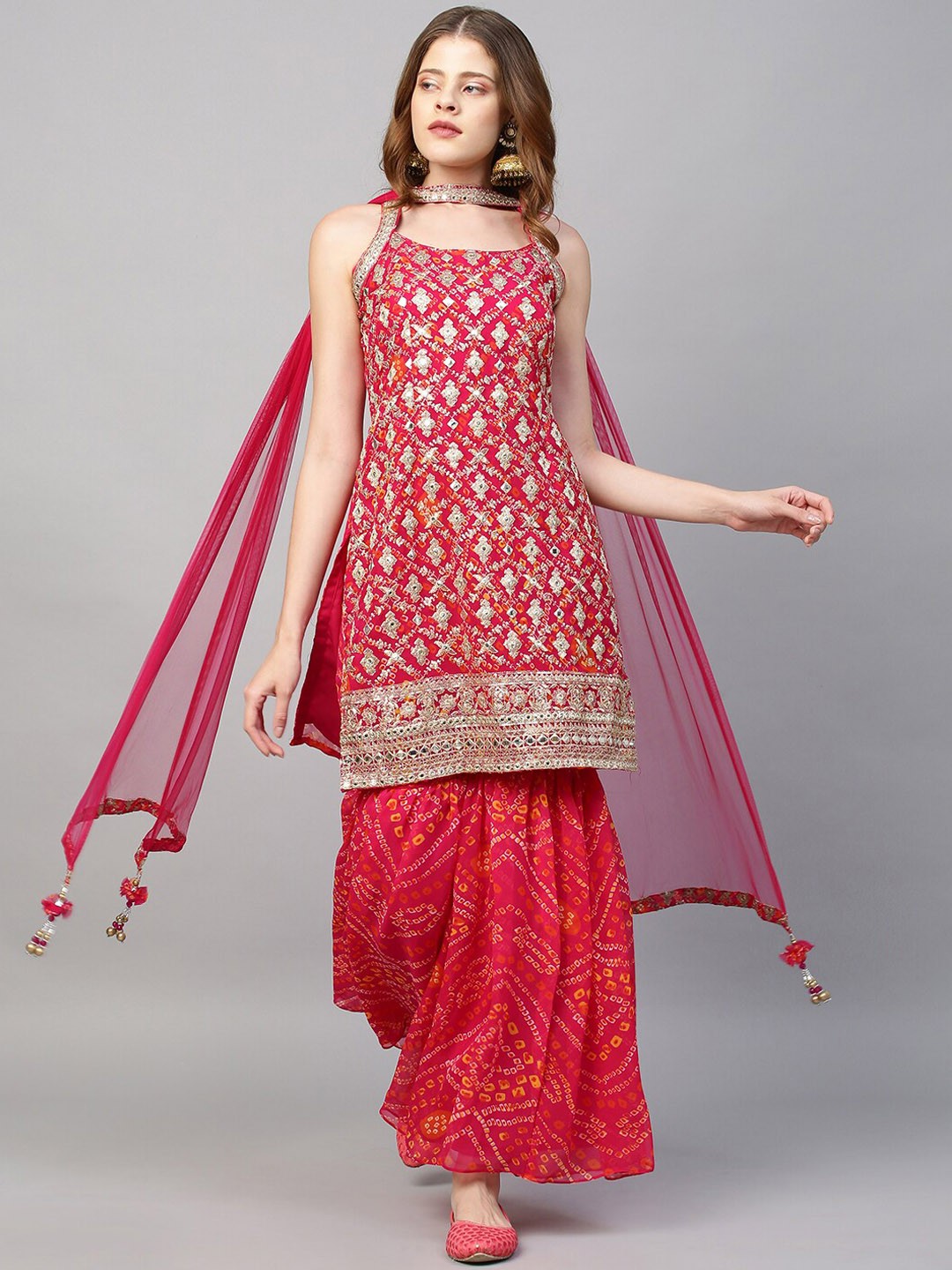 FASHOR Women Pink Mirror Work Kurta with Sharara & With Dupatta