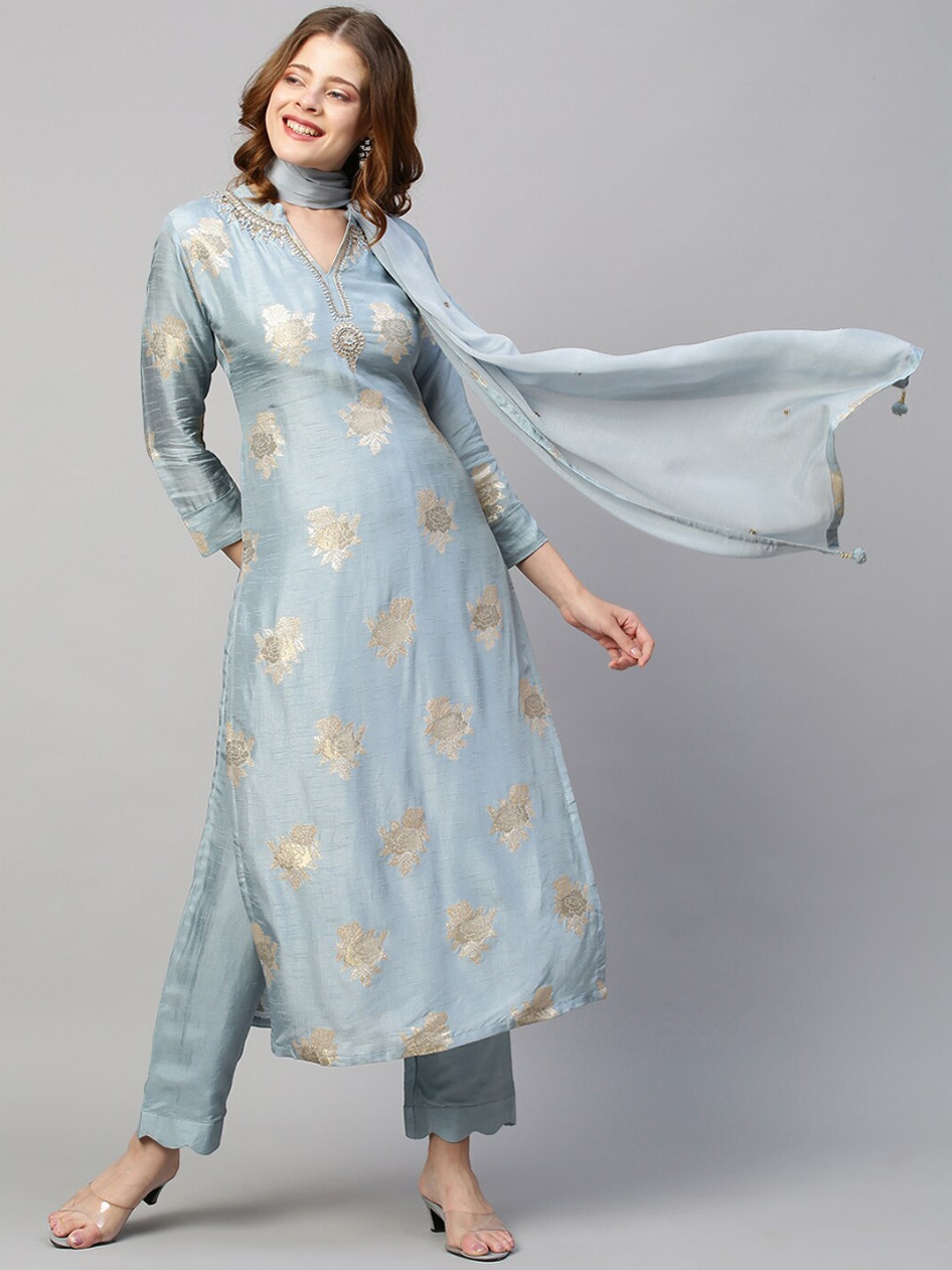 

FASHOR Women Blue Embroidered Sequinned Kurta with Trousers & With Dupatta