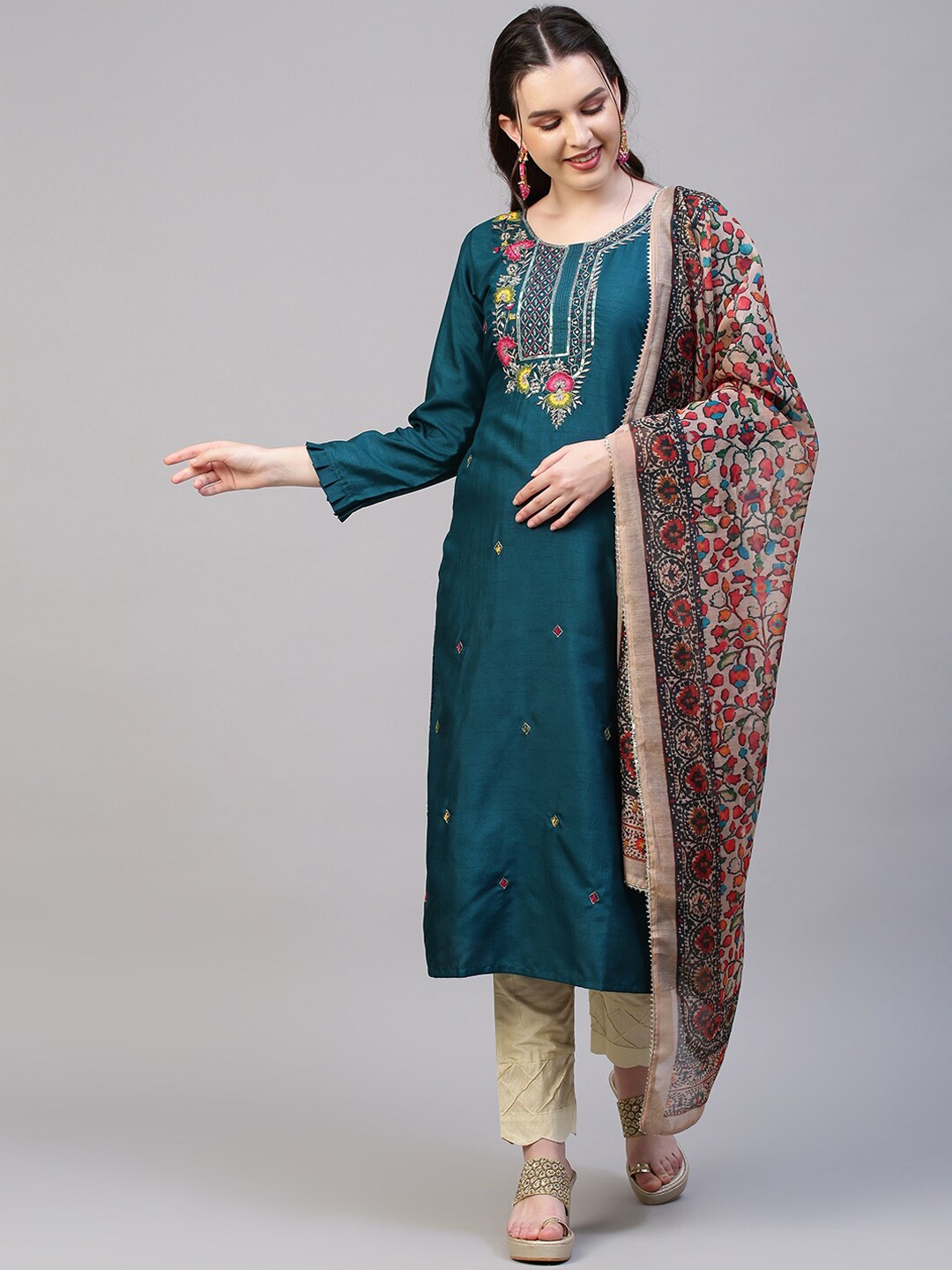 

FASHOR Women Teal Printed Zardozi Top with Trousers & With Dupatta