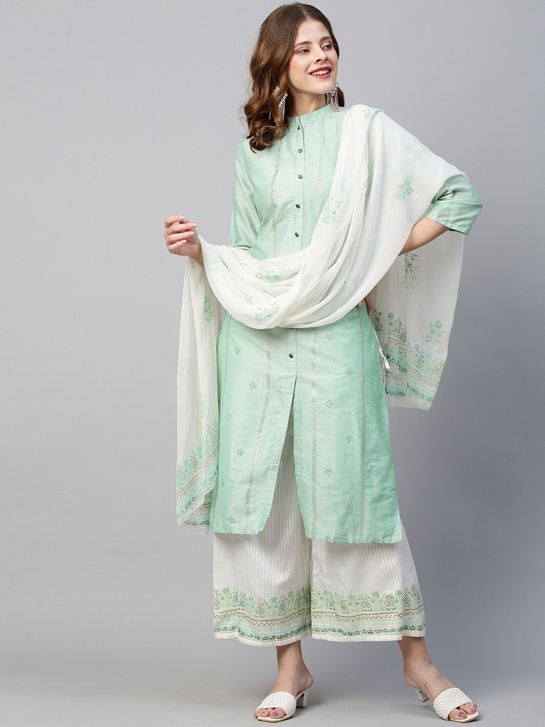 

FASHOR Women Green Pleated Sequinned Kurti with Skirt & With Dupatta