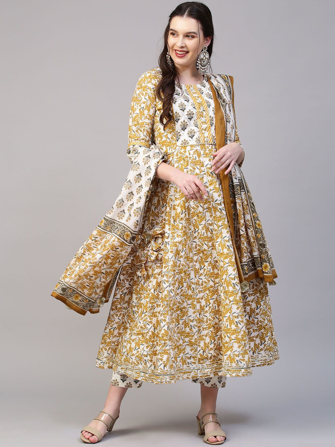 

FASHOR Women White Ethnic Motifs Printed Layered Gotta Patti Pure Cotton Kurti with Trousers