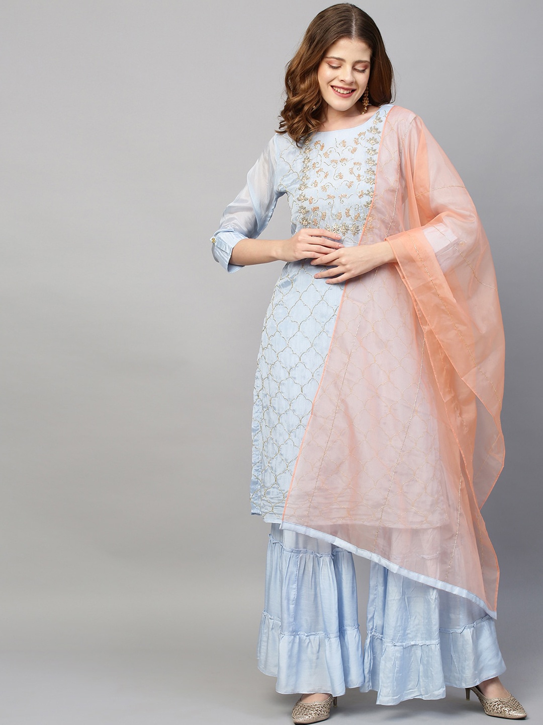 

FASHOR Women Blue Embroidered Empire Beads and Stones Kurta with Skirt