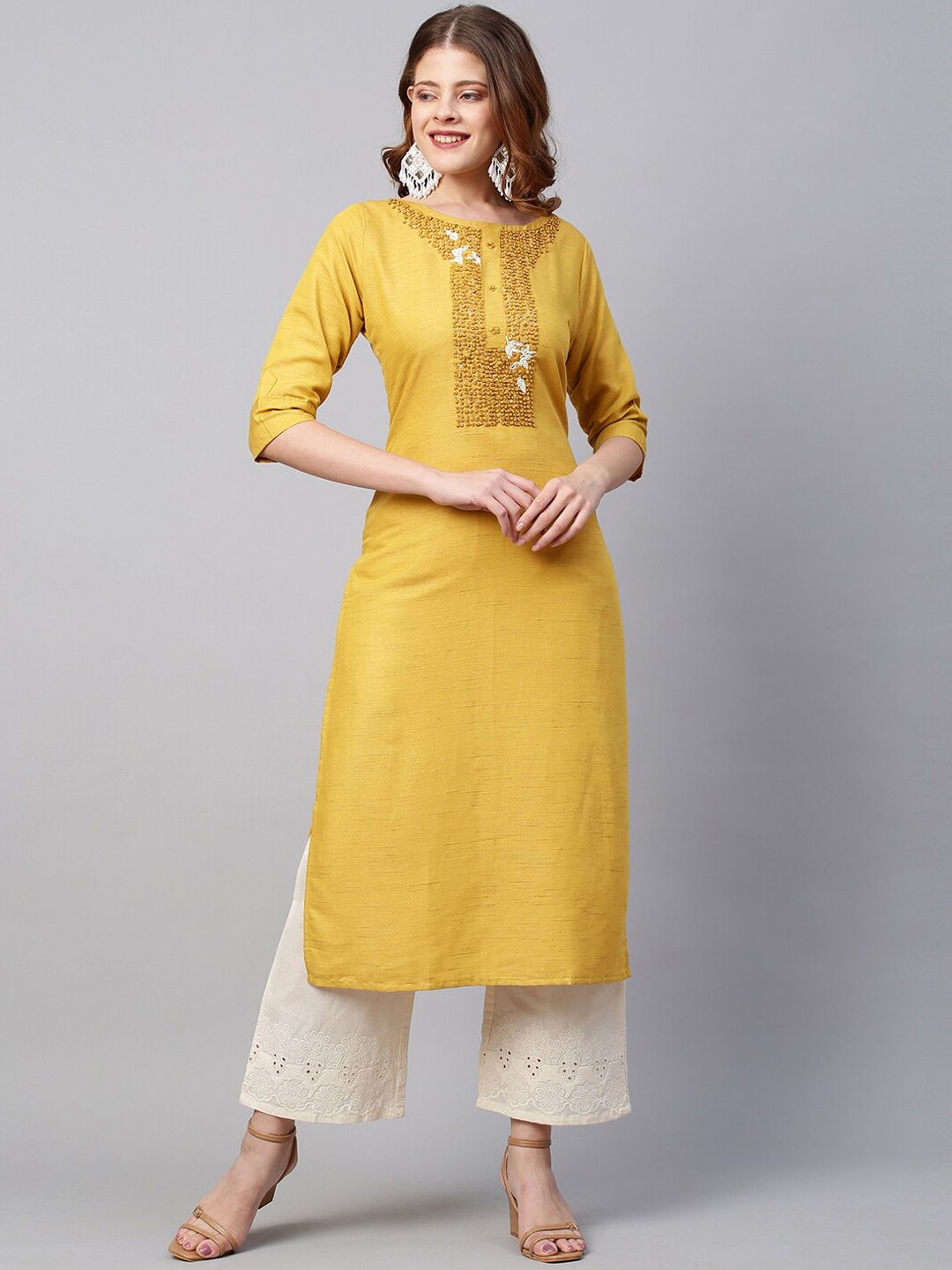 

FASHOR Women Mustard Yellow Ethnic Motifs Printed Keyhole Neck Pathani Kurta