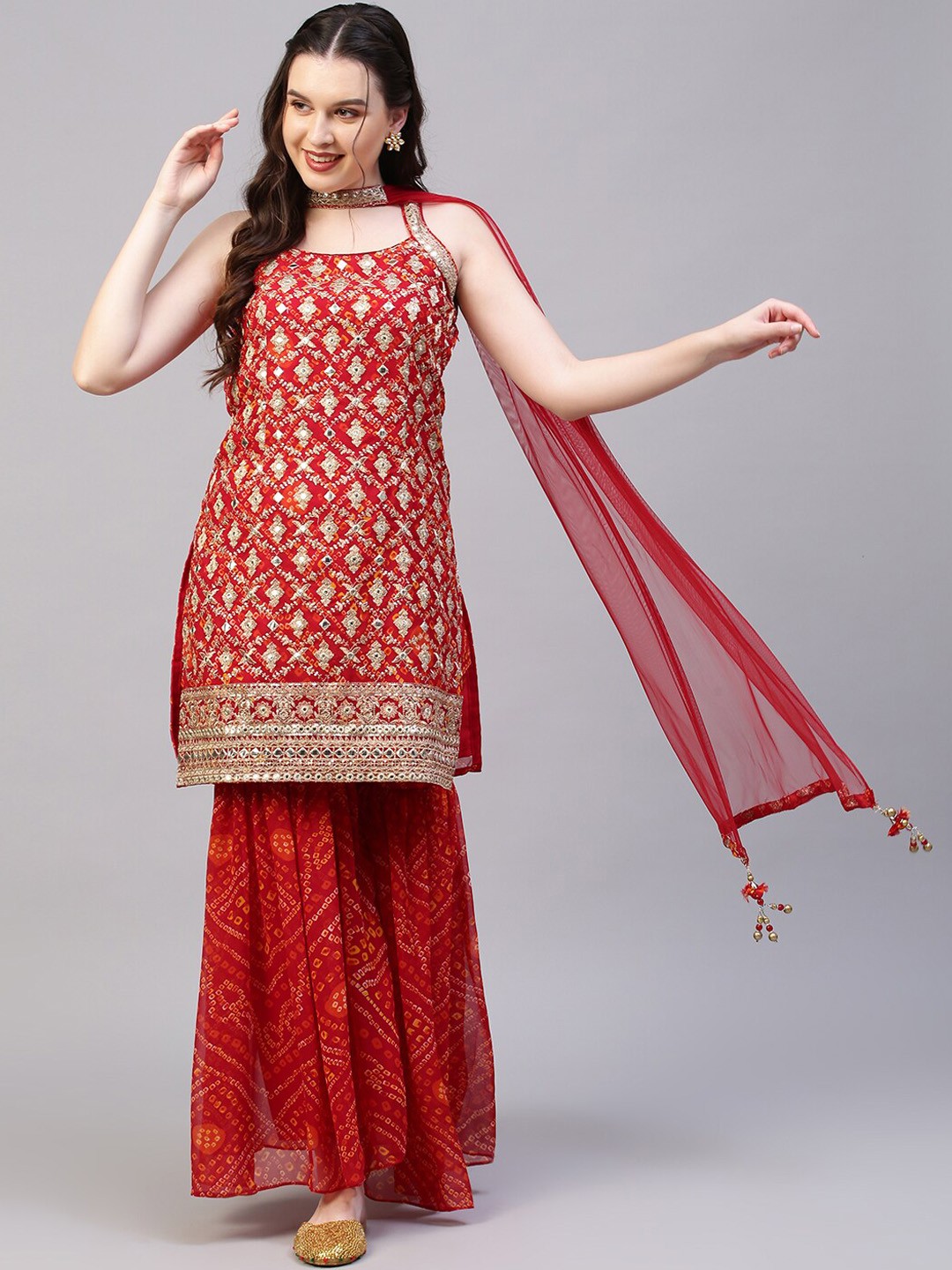 

FASHOR Women Red Mirror Work Kurta with Churidar & With Dupatta