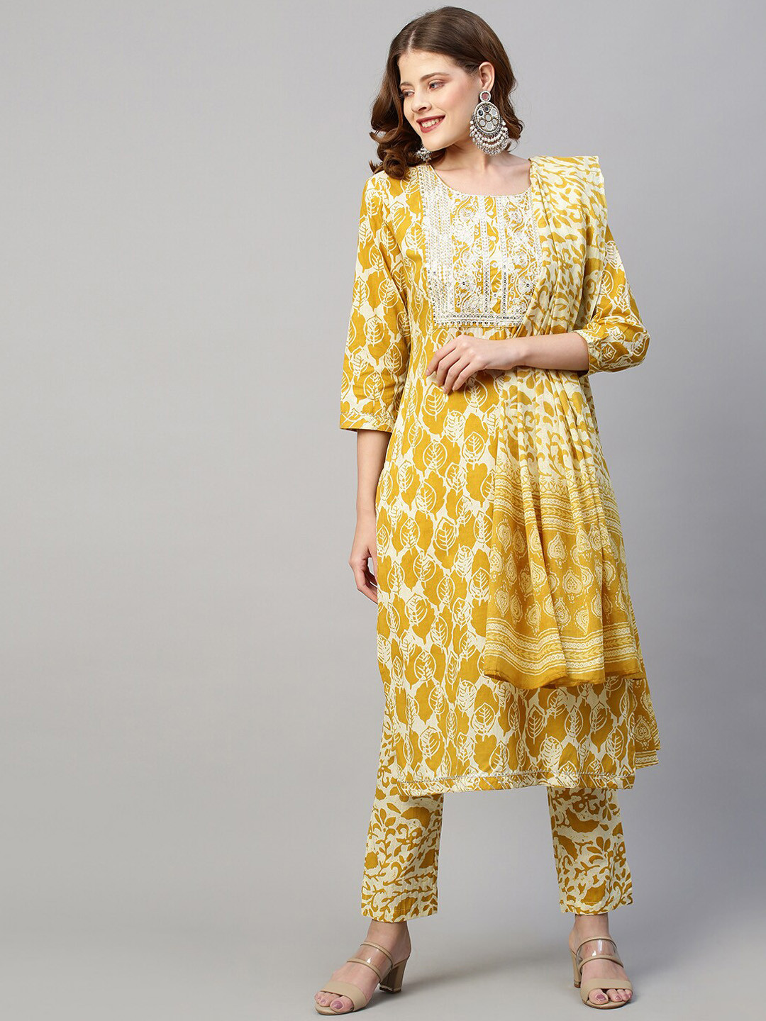 

FASHOR Women Mustard Yellow Ethnic Motifs Printed Angrakha Sequinned Pure Cotton Kurta with Palazzos & With