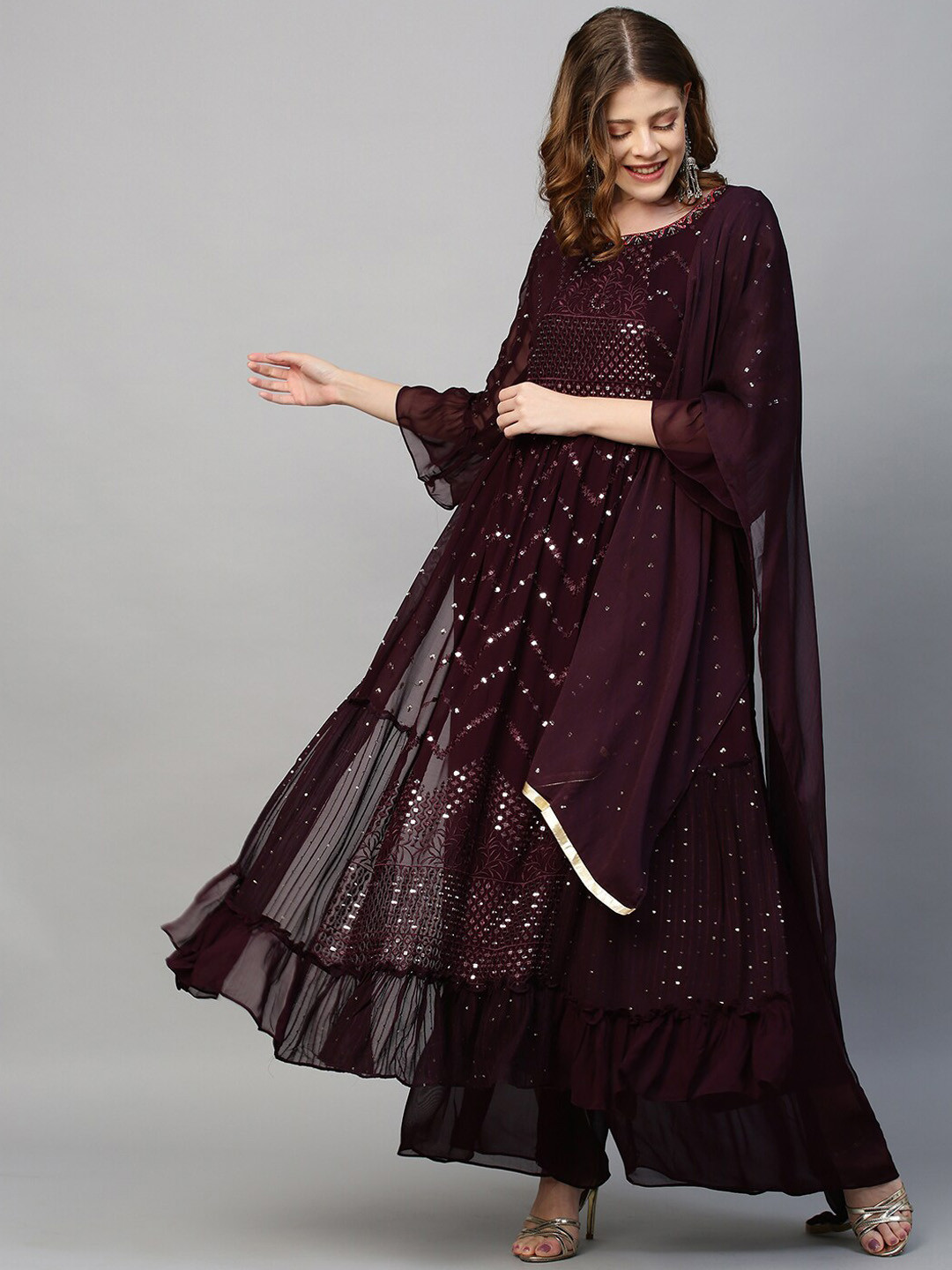 

FASHOR Women Purple Empire Sequinned Kurti with Sharara