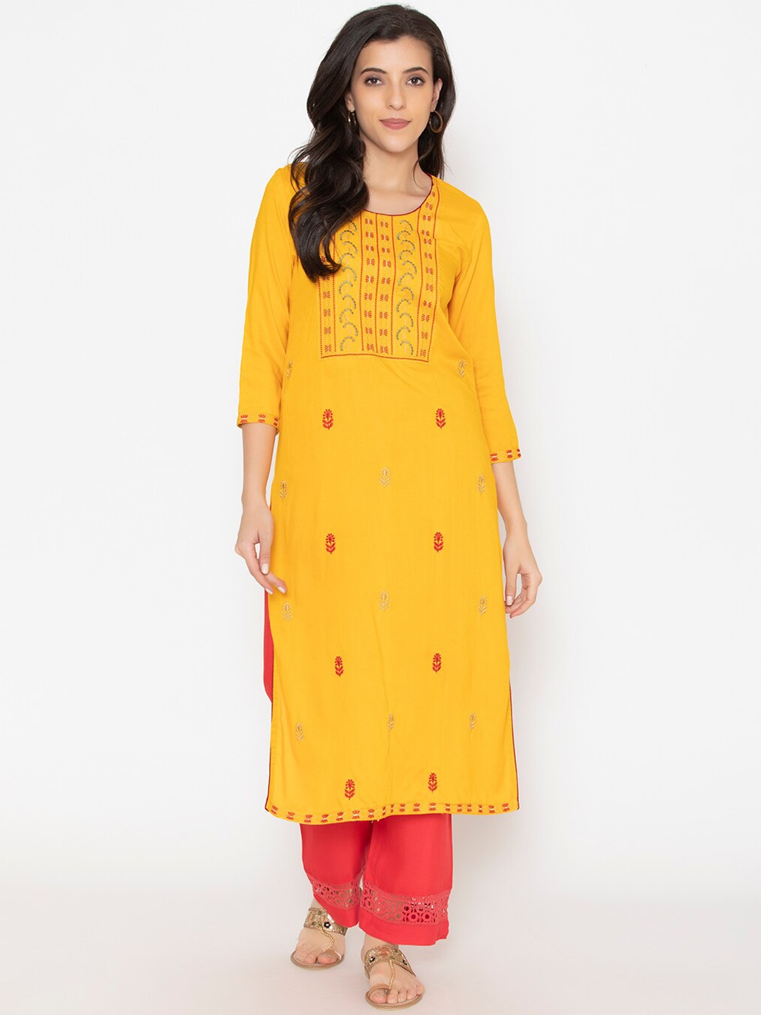 

SAABHI Women Mustard Yellow Mirror Work Kurta