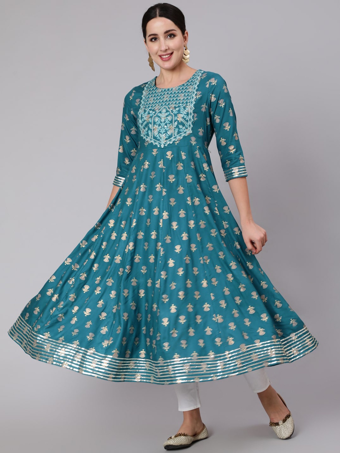 

GULMOHAR JAIPUR Women Teal Ethnic Motifs Yoke Design Flared Sleeves Anarkali Kurta