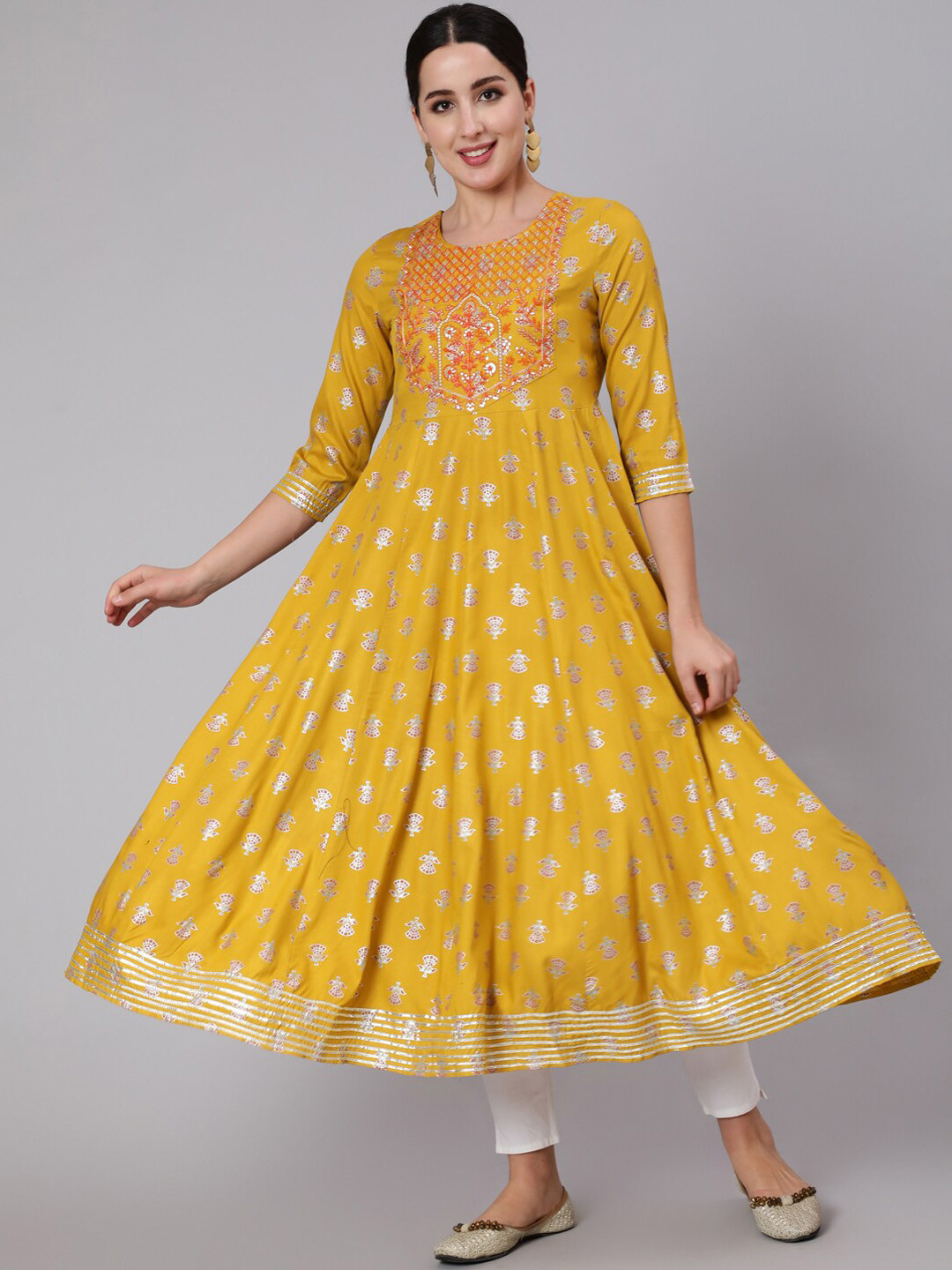 

GULMOHAR JAIPUR Women Mustard Yellow Floral Printed Flared Sleeves Mirror Work Anarkali Kurta