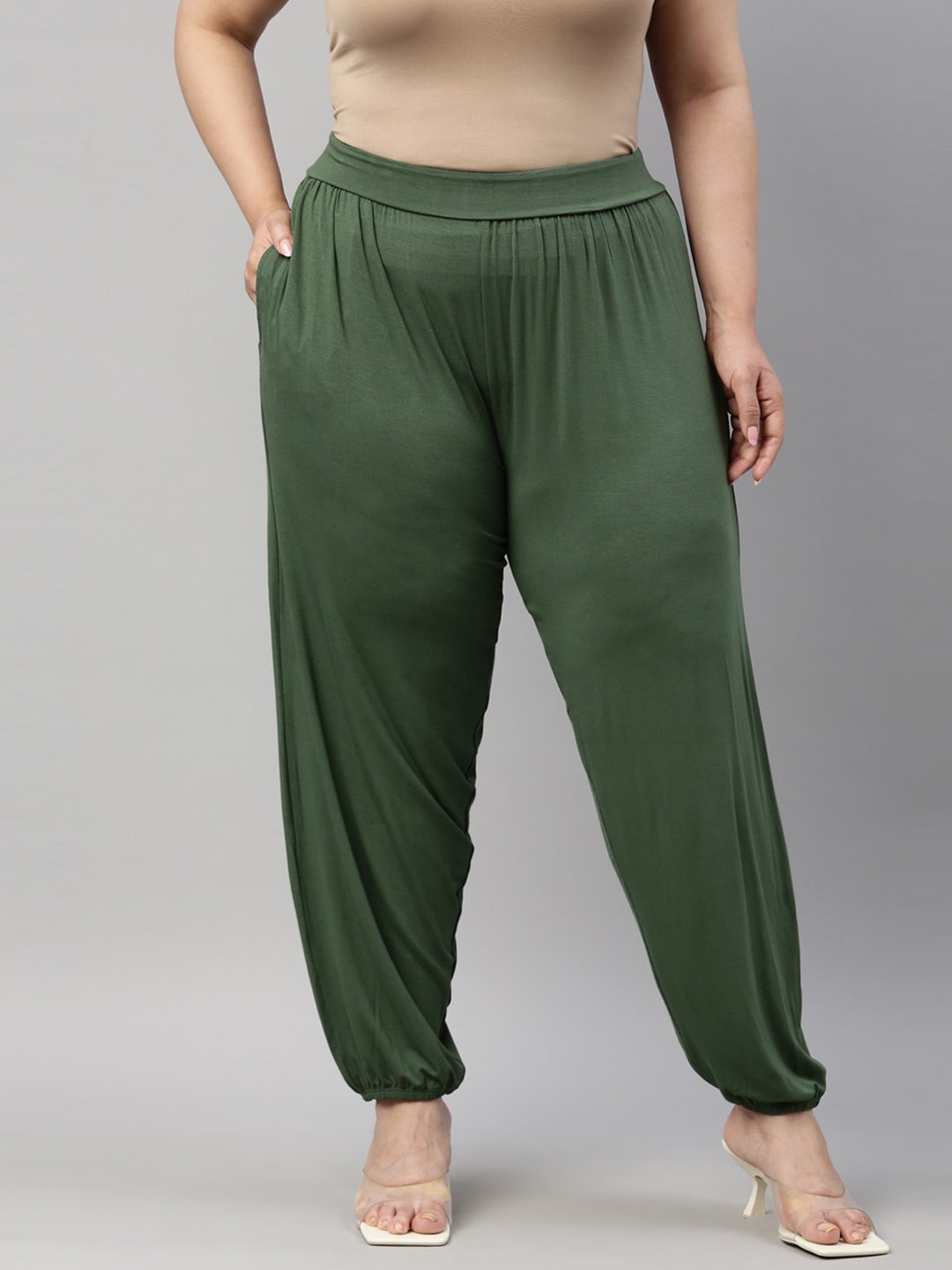 

Go Colors Women Olive-Green Solid Loose-Fit Harem Pants