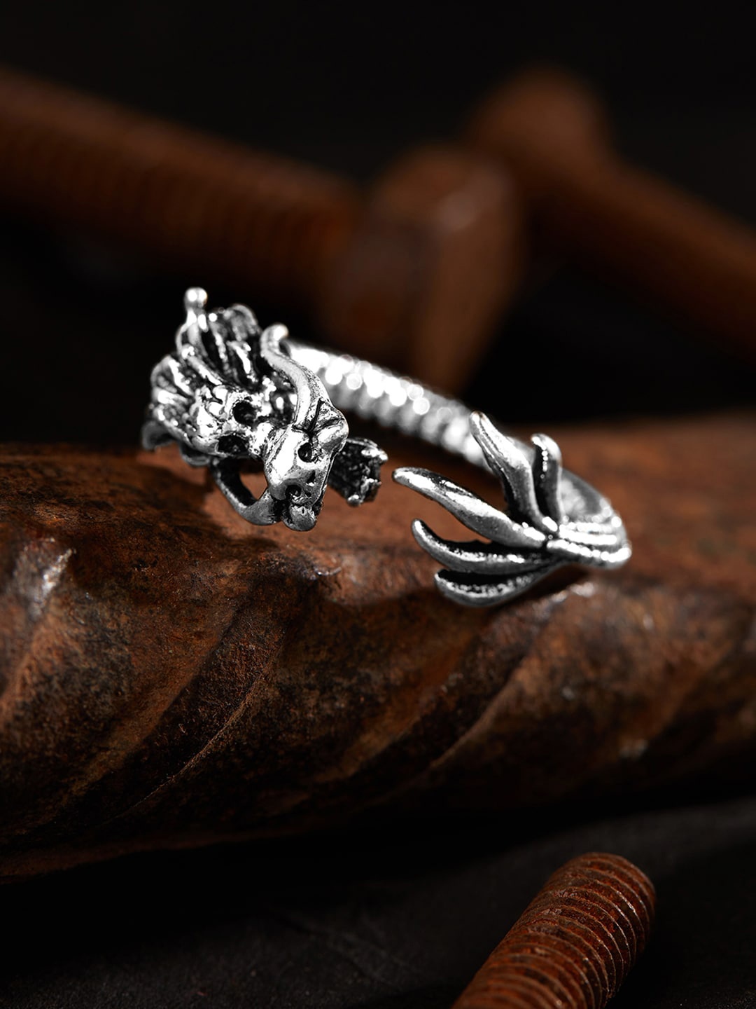 

Roadster Men Silver-Plated Oxidized Dragon Design Adjustable Finger Ring