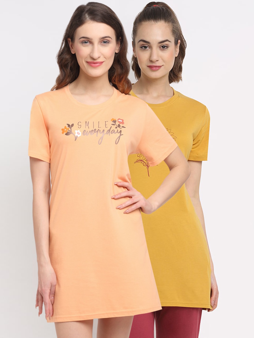 

Kanvin Women Pack Of 2 Orange & Yellow Printed Lounge T-Shirts
