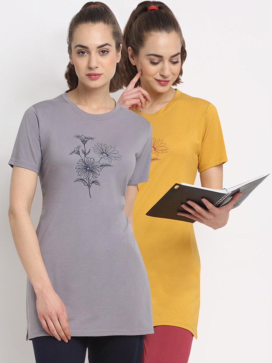 

Kanvin Women Pack Of 2 Yellow & Grey Printed Lounge T-Shirts