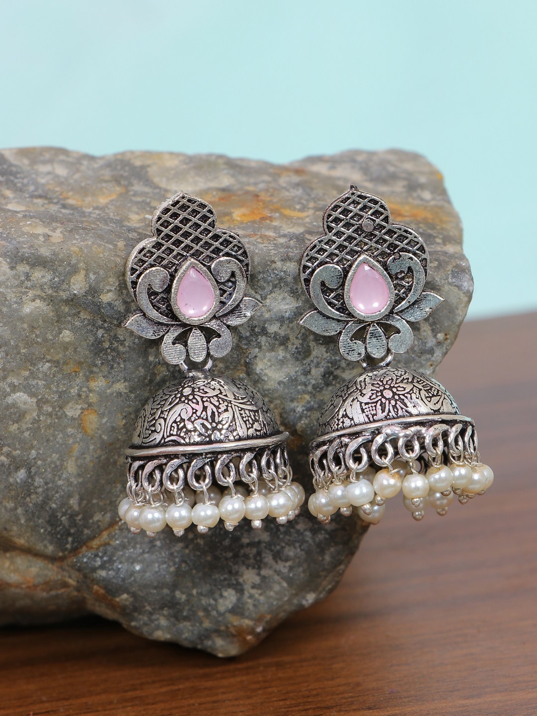 

Crunchy Fashion Silver-Toned Contemporary Jhumkas Earrings