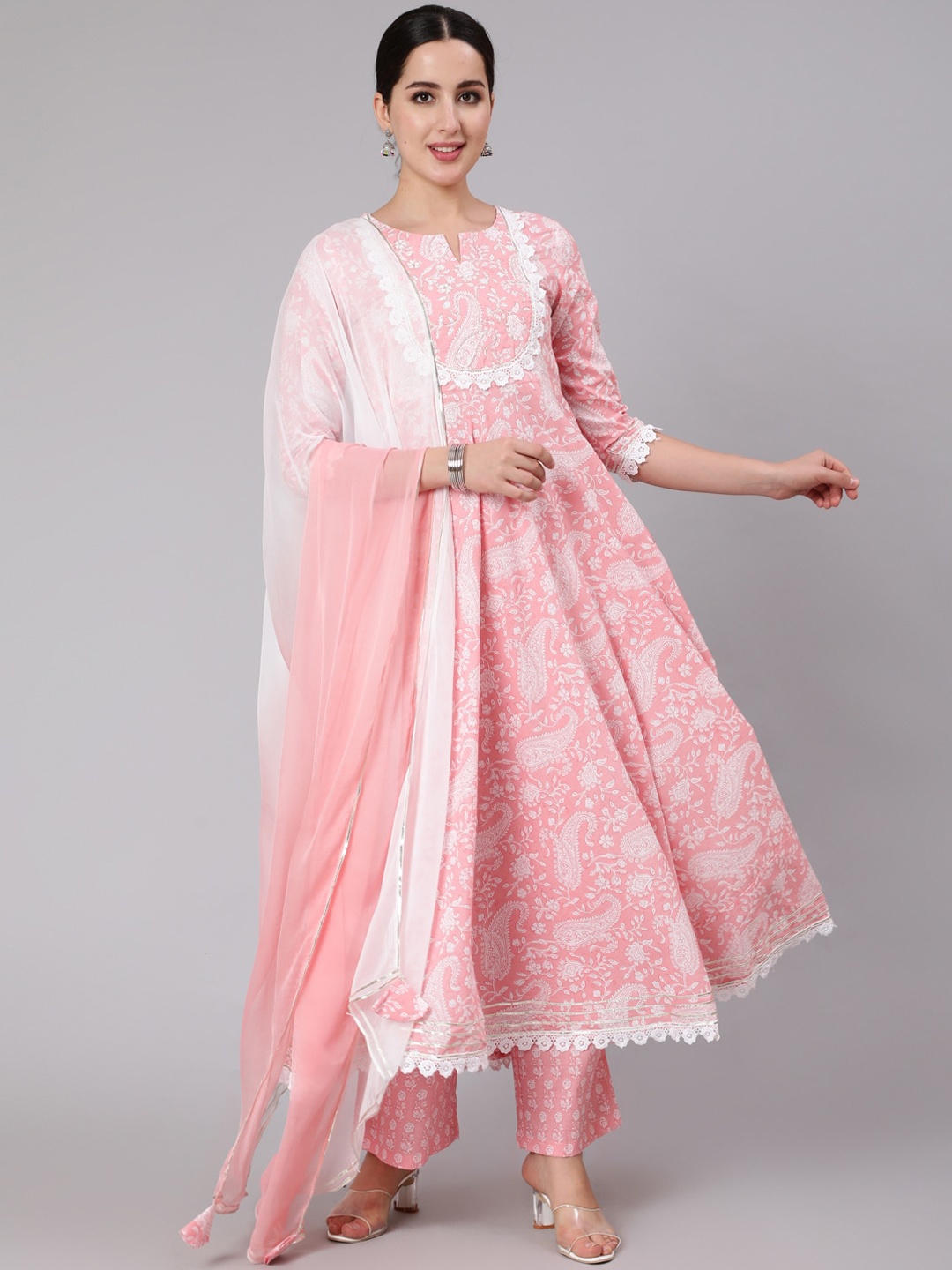 

GULMOHAR JAIPUR Women Pink Empire Pure Cotton Kurta with Trousers & With Dupatta