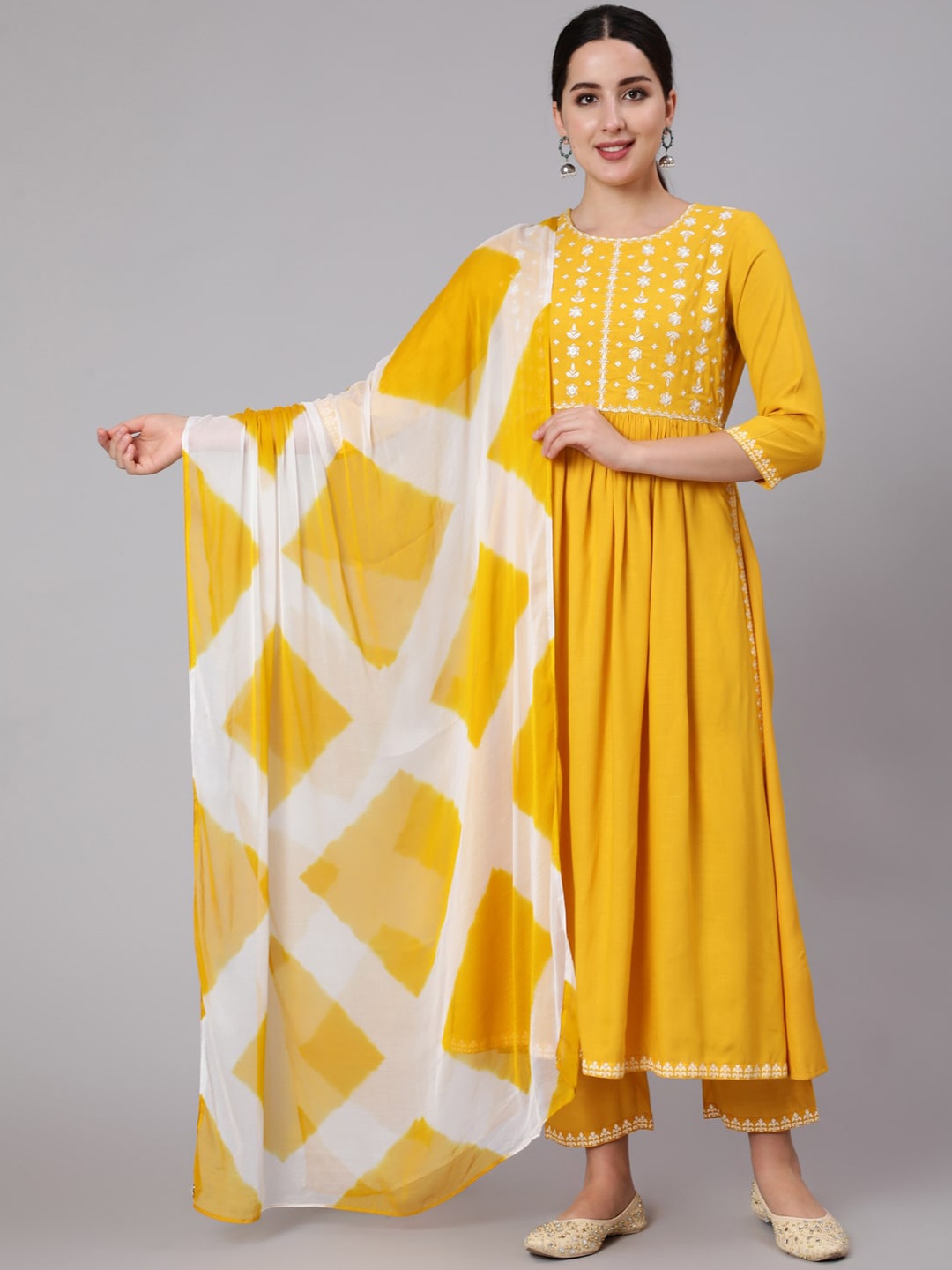 

GULMOHAR JAIPUR Women Mustard Yellow Bandhani Yoke Design Empire Kurti with Trousers