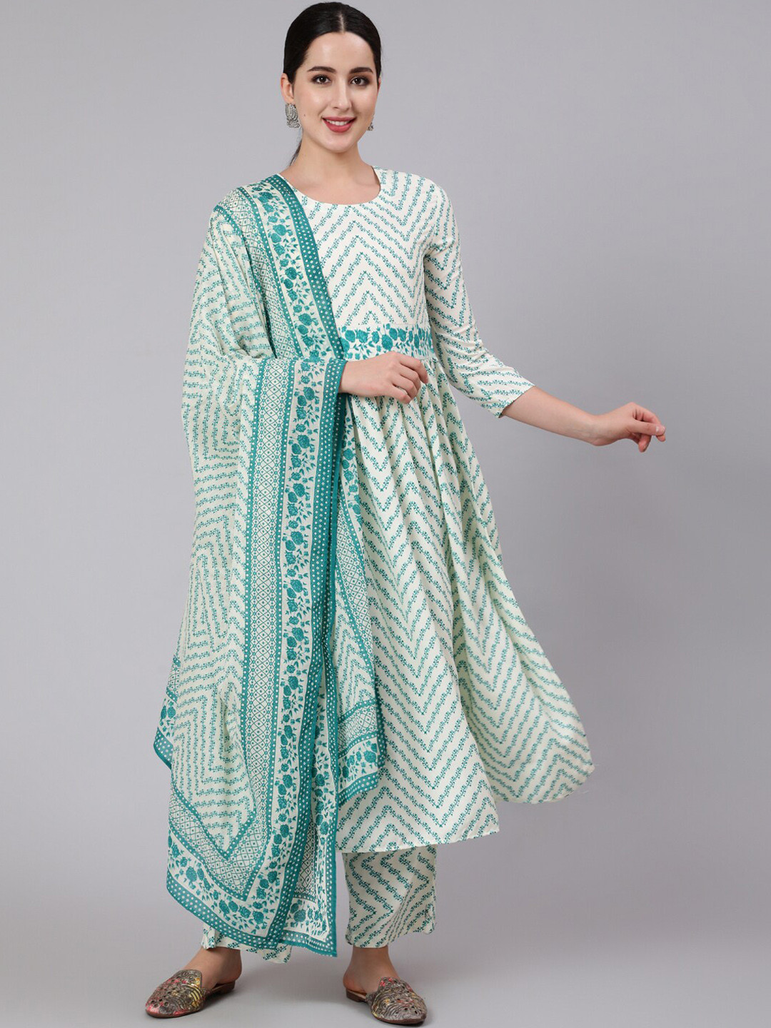 

GULMOHAR JAIPUR Women Sea Green Printed Layered Kurta with Palazzos & With Dupatta