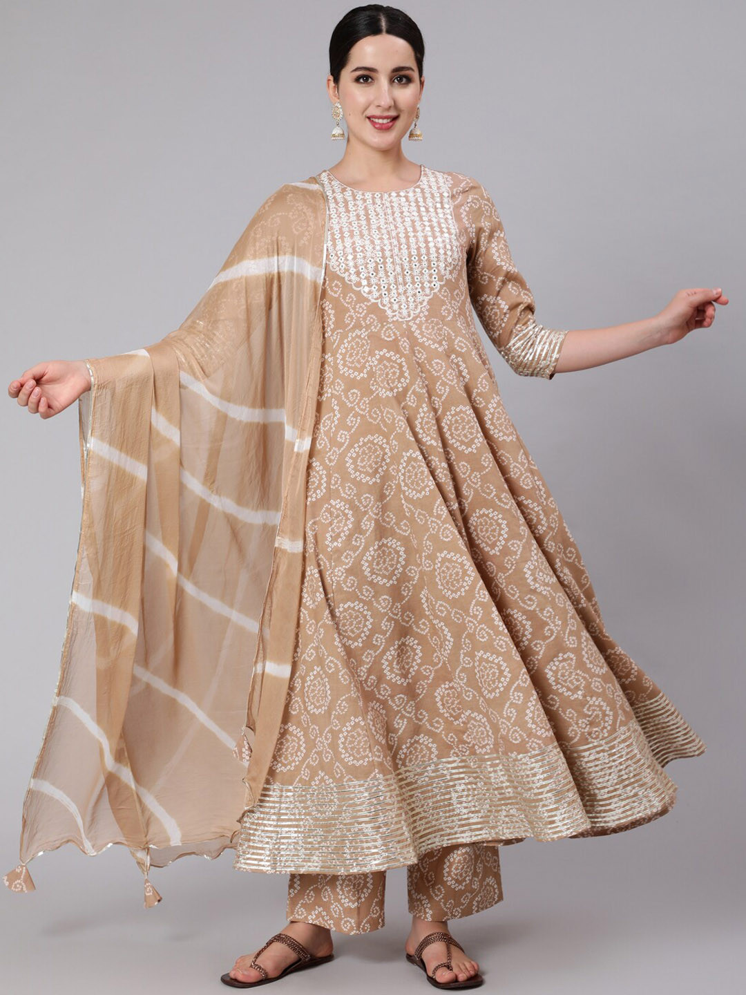 

GULMOHAR JAIPUR Women Beige Embroidered Panelled Mirror Work Pure Cotton Kurti with Trousers
