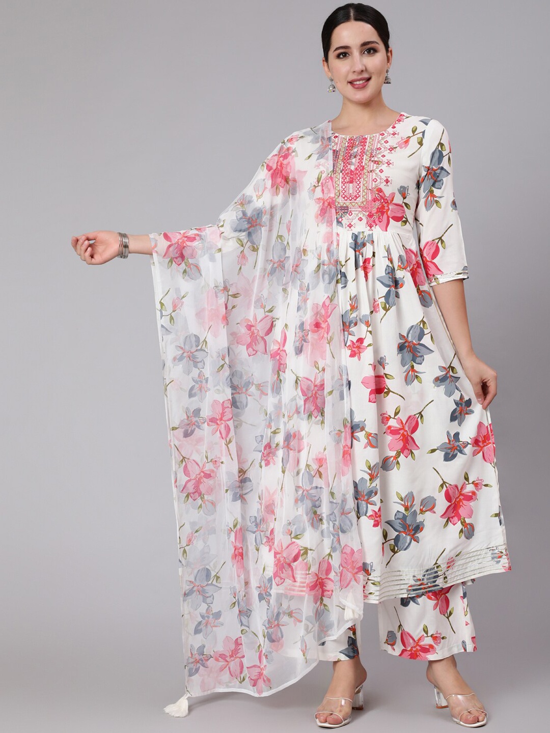 

GULMOHAR JAIPUR Women White Floral Printed Pleated Kurta with Trousers & With Dupatta