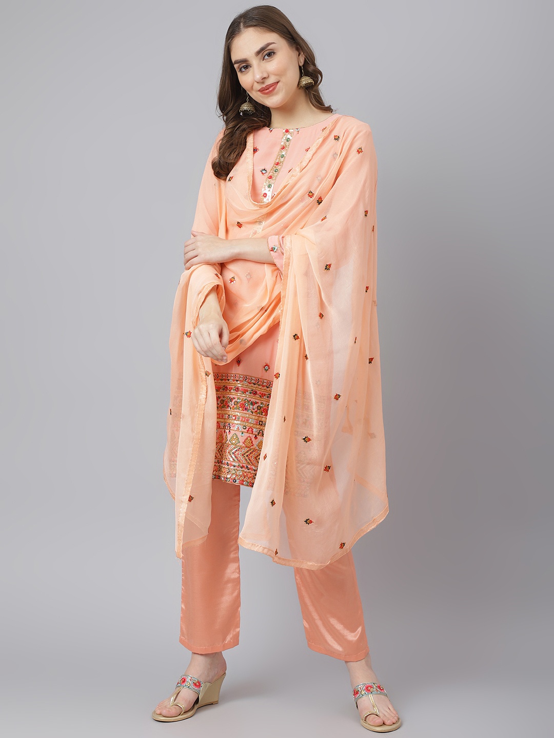 

Readiprint Fashions Peach-Coloured Embroidered Semi-Stitched Dress Material