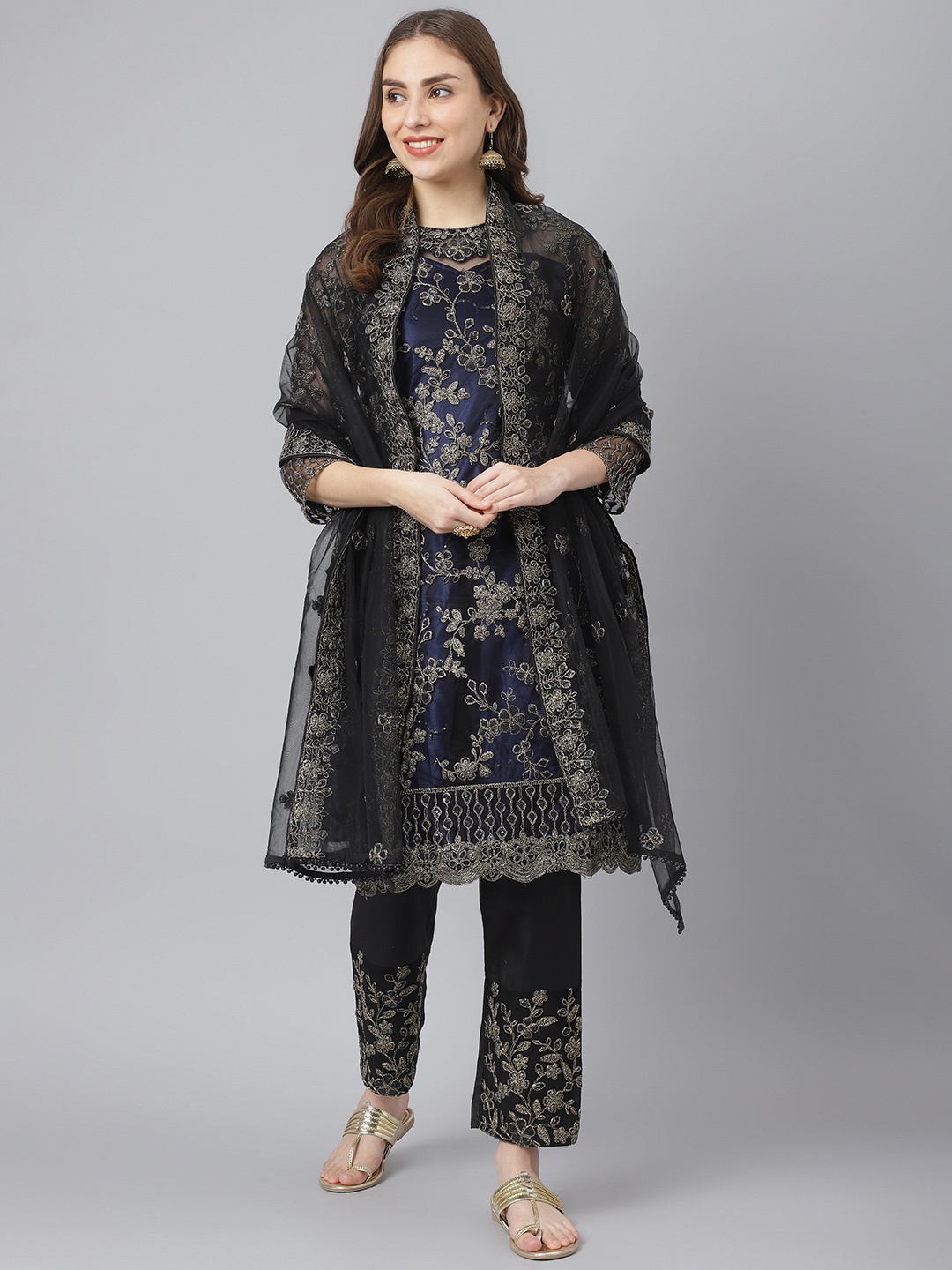 

Readiprint Fashions Women Black & Navy Blue Embroidered Semi-Stitched Dress Material