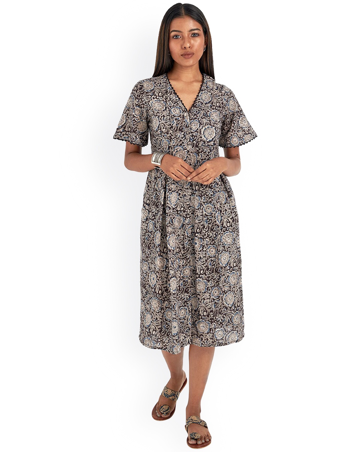 

Suta Brown & Grey Floral Layered Midi Fit and Flare Dress