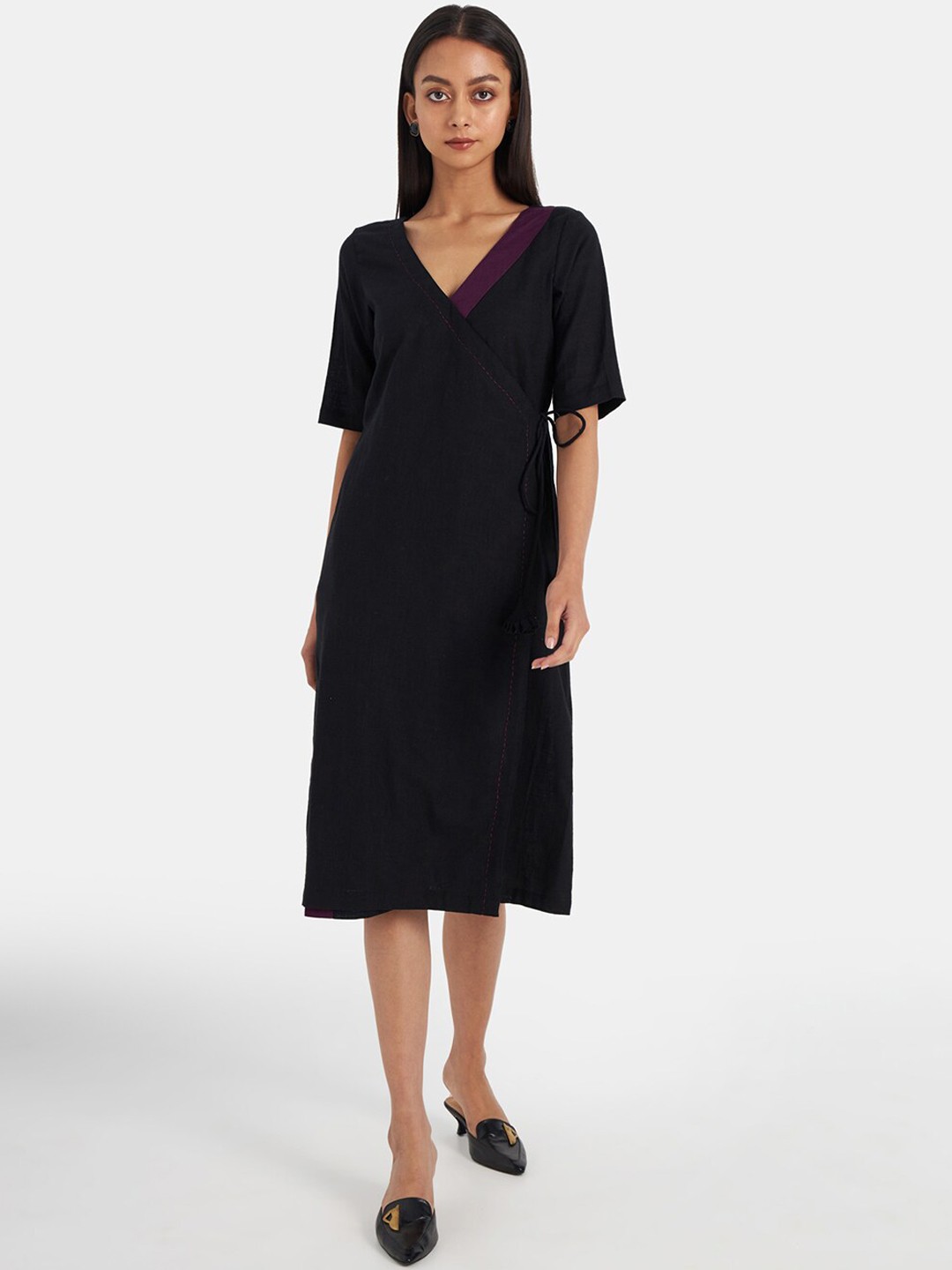 

Suta Women Black Wrap Tie-Up Midi Dress