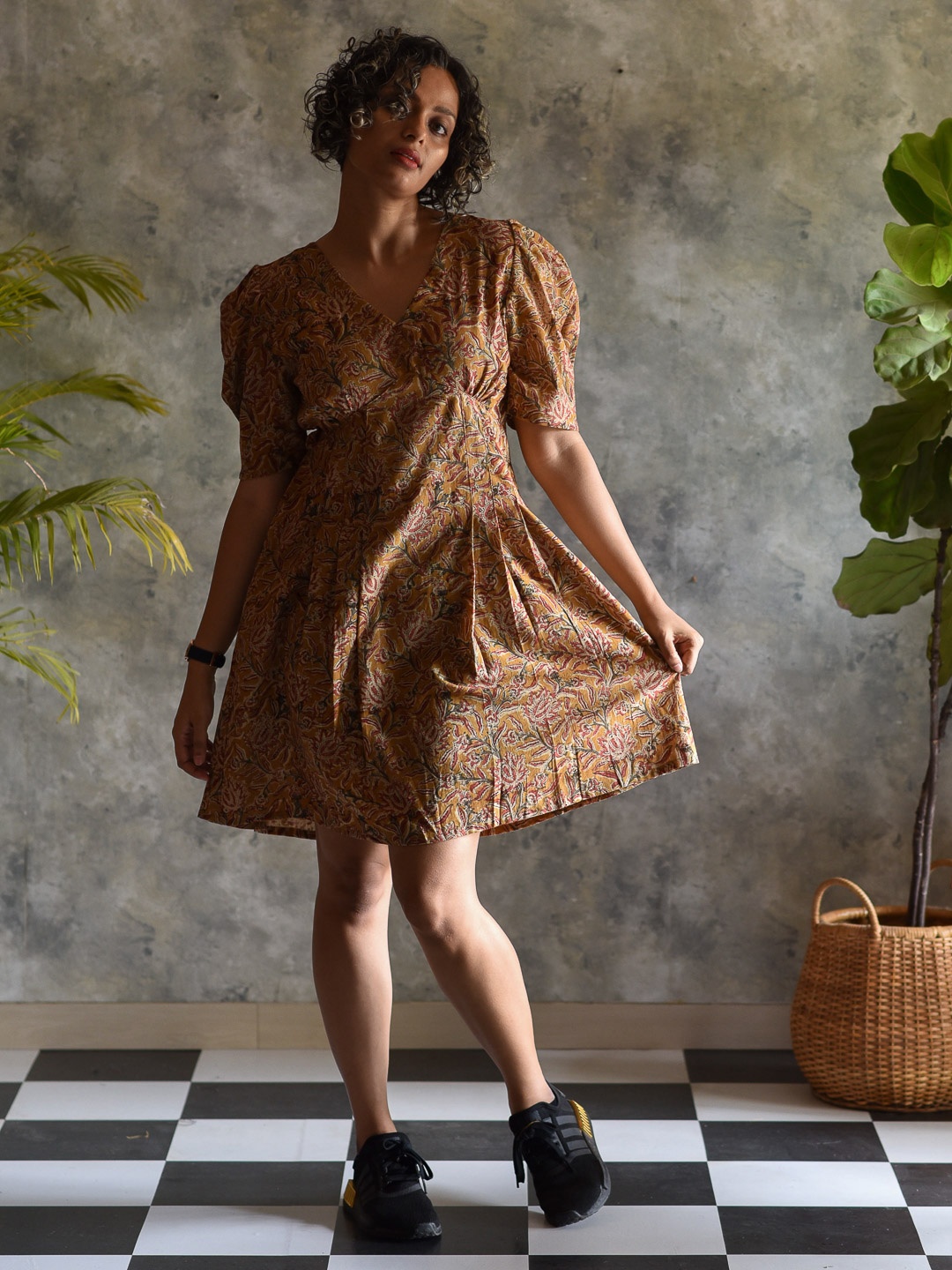 

Suta Women Mustard Yellow & Pink Floral Fit & Flared Cotton Dress