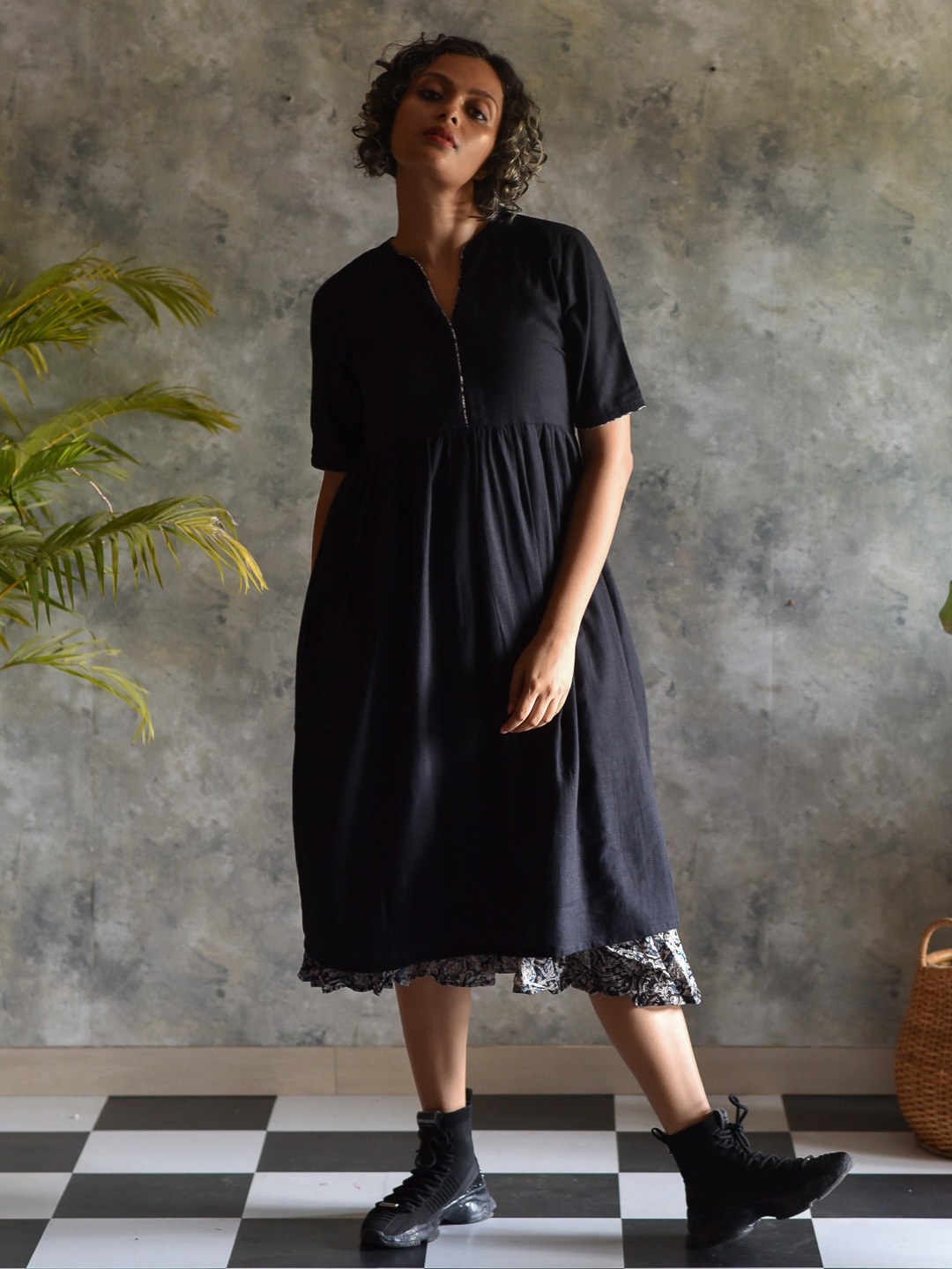 

Suta Women Black Solid Fit and Flare Cotton Dress
