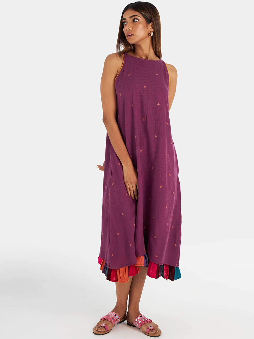

Suta Women Purple Fringed Ethnic Cotton A-Line Midi Dress