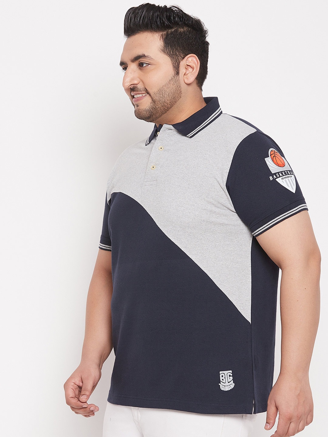 

bigbanana Men Plus Size Navy Blue Colourblocked Polo Collar T-shirt