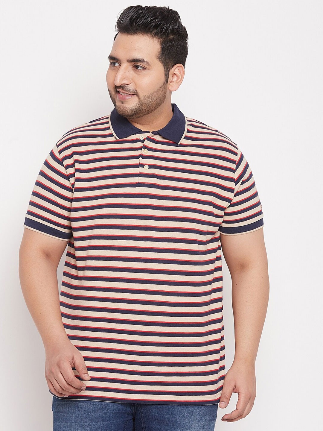 

bigbanana Men Plus Size Multicoloured Striped Polo Collar T-shirt, Multi