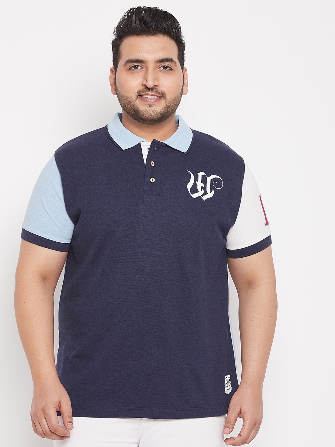 

bigbanana Men Plus Size Blue Colourblocked Polo Collar Applique T-shirt