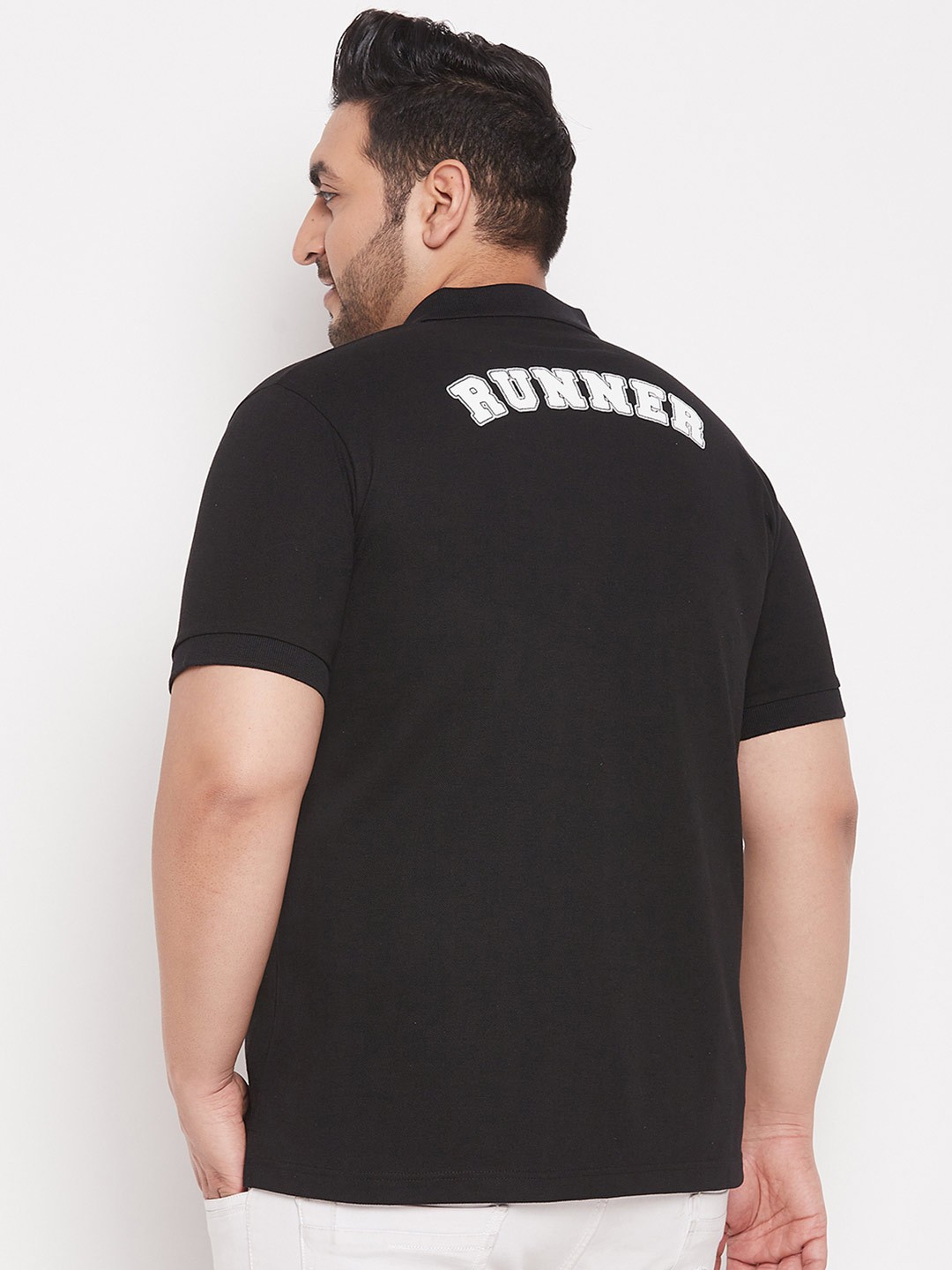 

bigbanana Men Plus Size Black Polo Collar Applique T-shirt