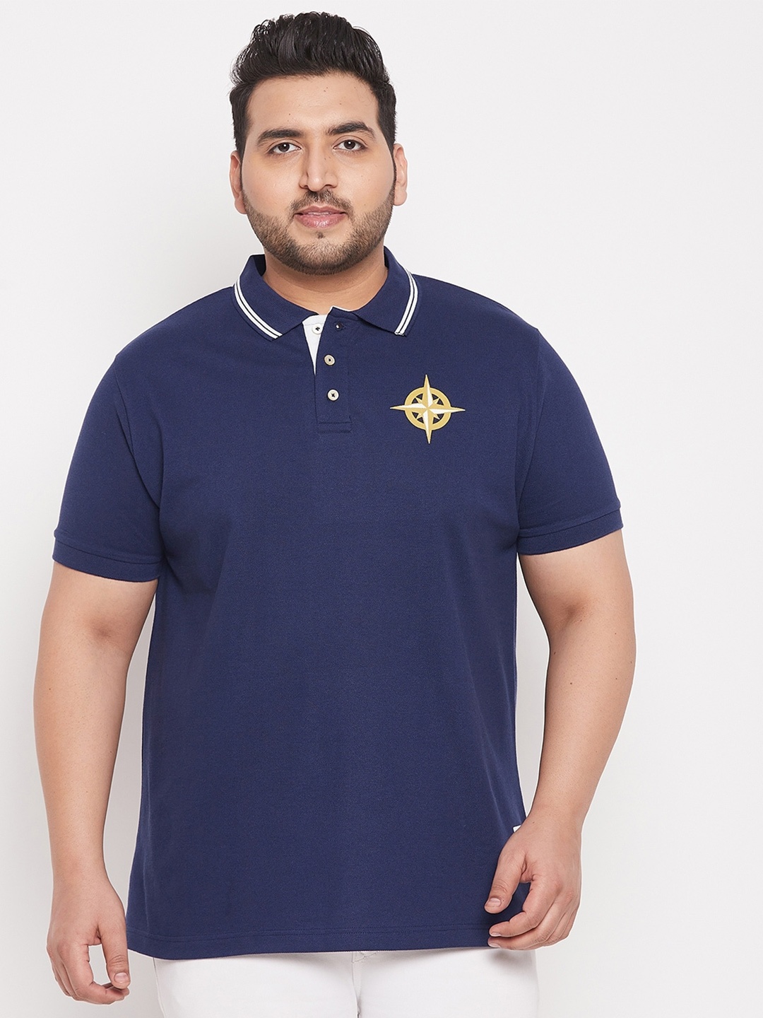 

bigbanana Men Plus Size Navy Blue Polo Collar Applique T-shirt