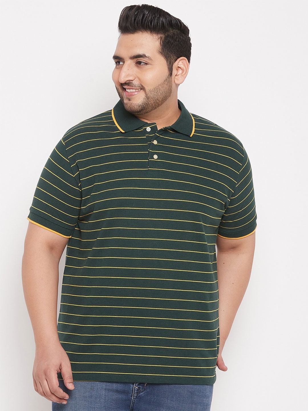 

bigbanana Men Plus Size Green Striped Polo Collar T-shirt