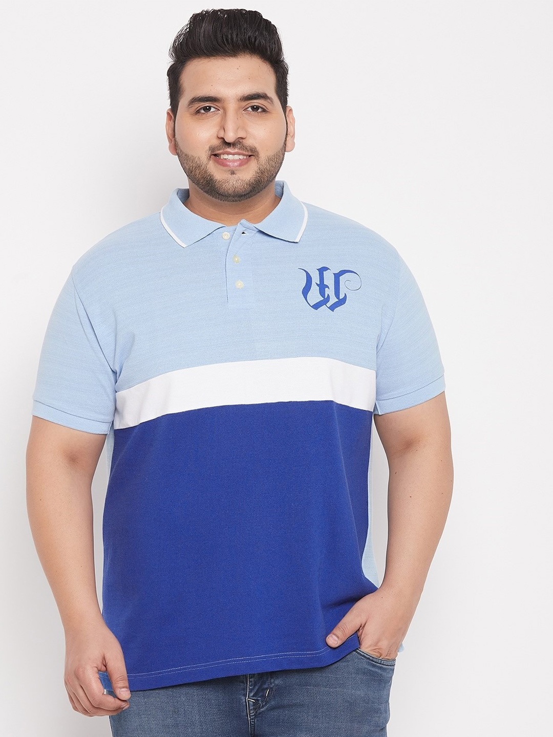 

bigbanana Men Plus Size Blue Colourblocked Polo Collar Applique T-shirt