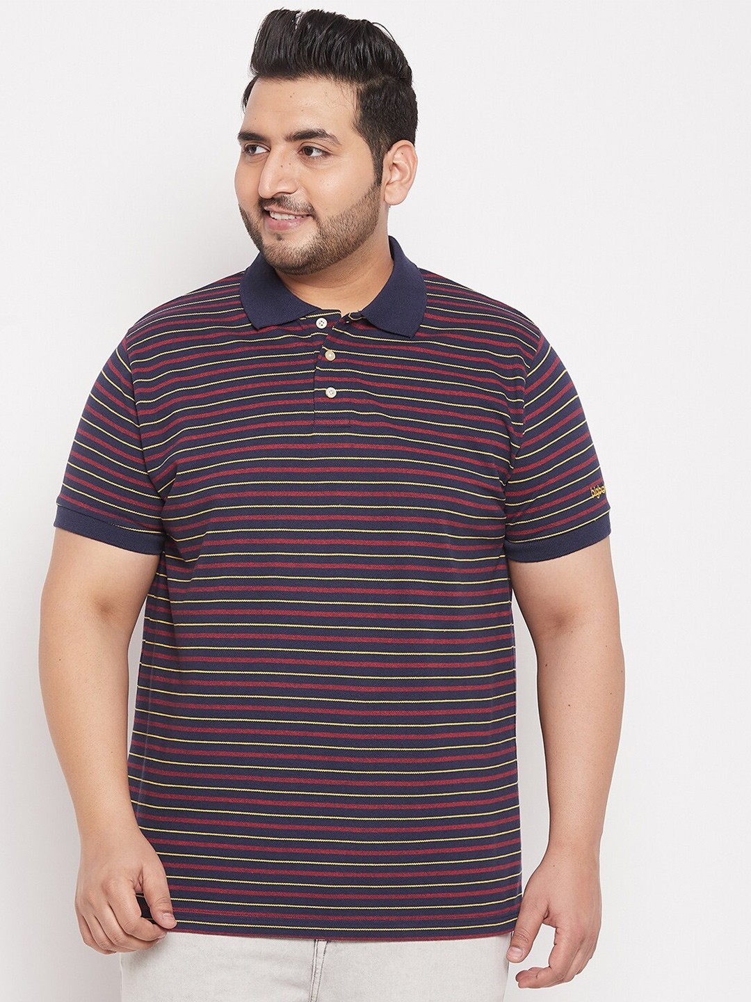 

bigbanana Men Plus Size Multicoloured Striped Polo Collar T-shirt, Multi