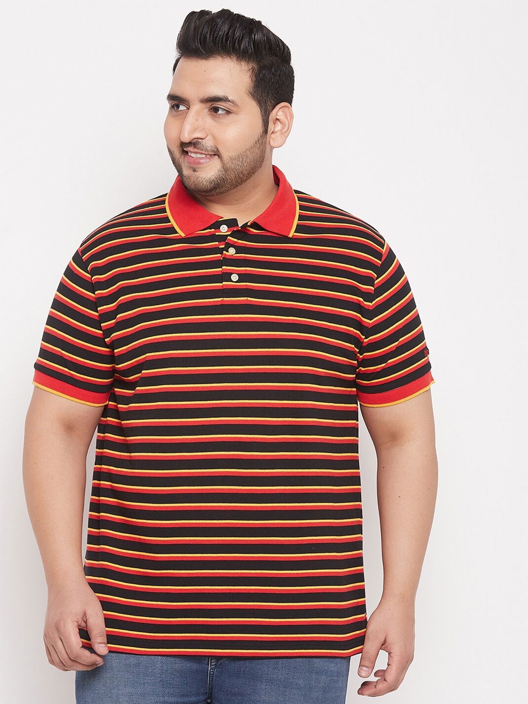 

bigbanana Men Plus Size Multicoloured Striped Polo Collar Applique T-shirt, Multi