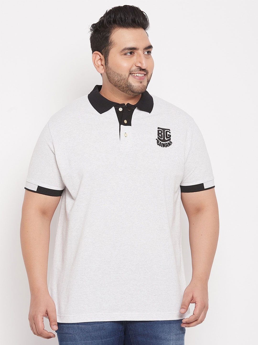 

bigbanana Men Plus Size Grey Polo Collar Applique T-shirt