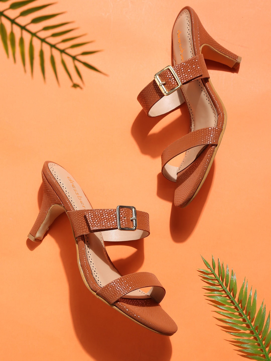

Bruno Manetti Tan Embellished PU Block Mules with Buckles