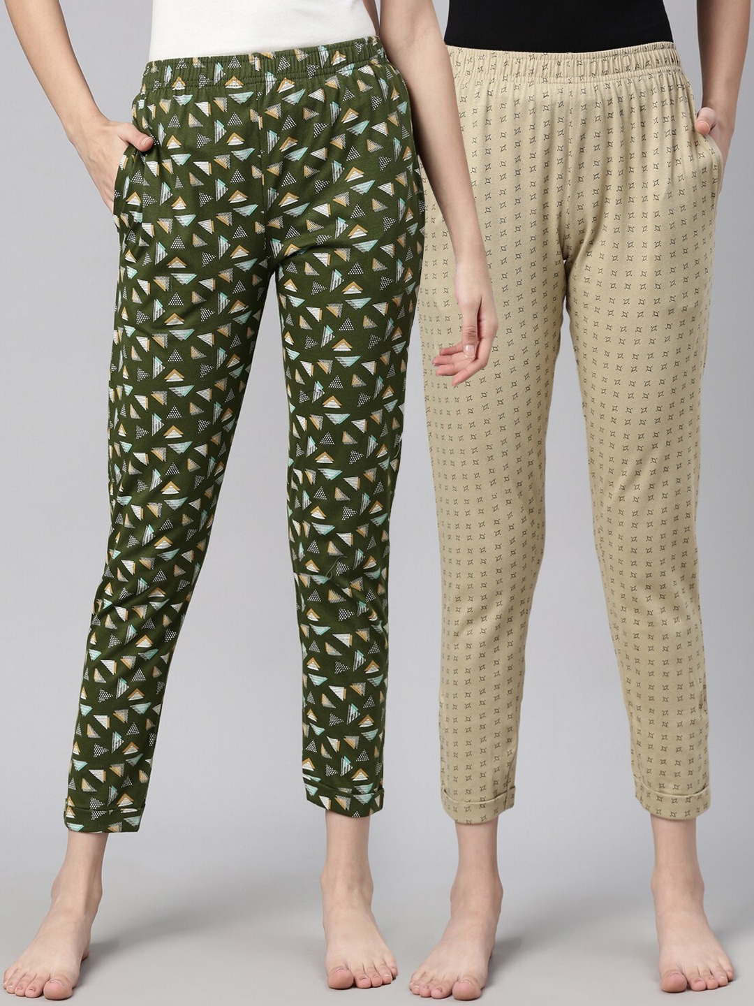 

Curare Women Pack Of 2 Printed Pure Cotton Lounge Pants, Beige