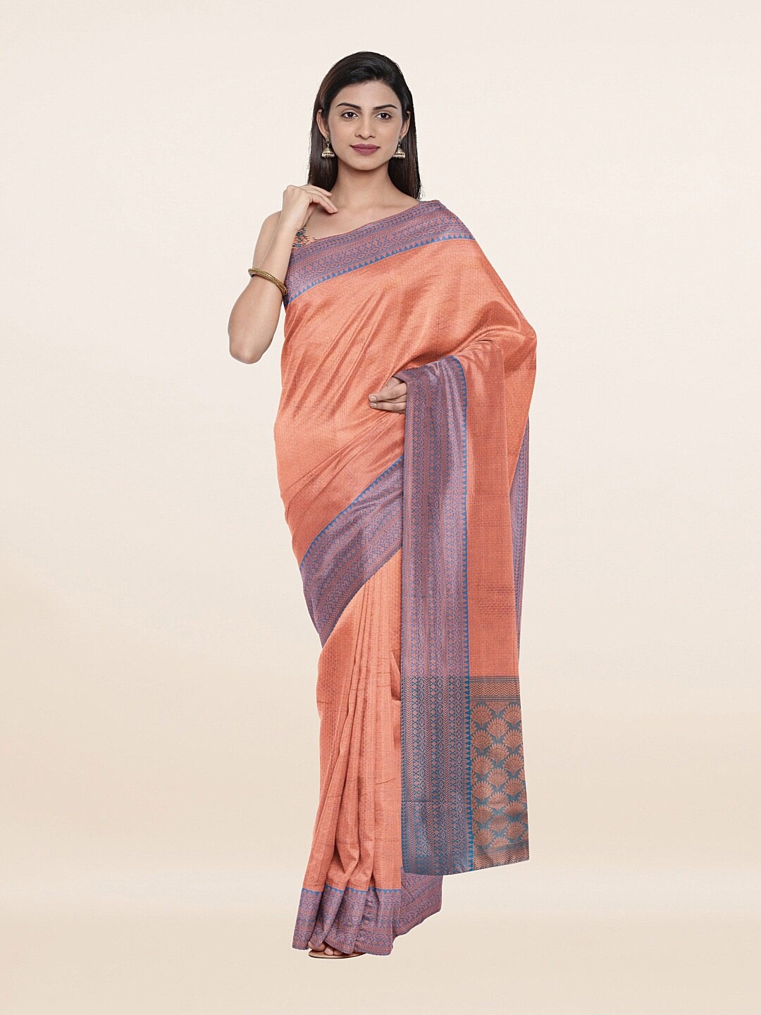 

Pothys Peach-Coloured & Blue Ethnic Motifs Art Silk Saree