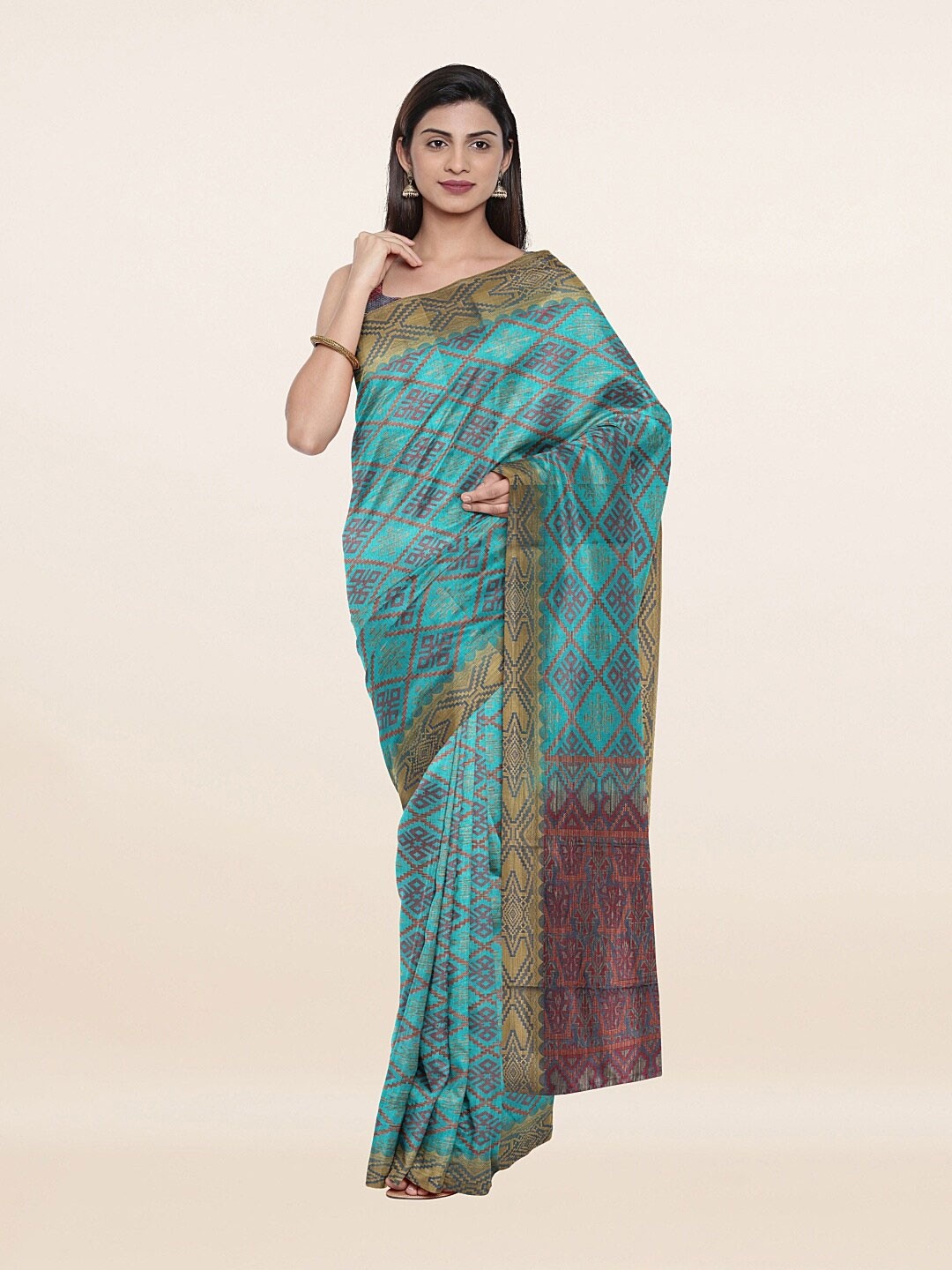 

Pothys Blue & Brown Woven Design Art Dupion Saree