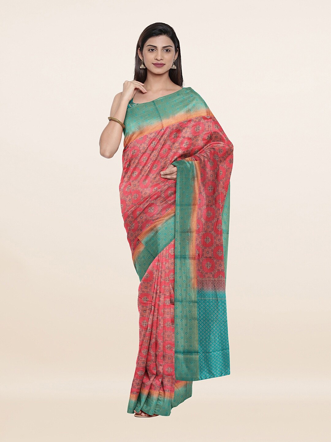 

Pothys Pink & Green Ethnic Motifs Art Silk Saree