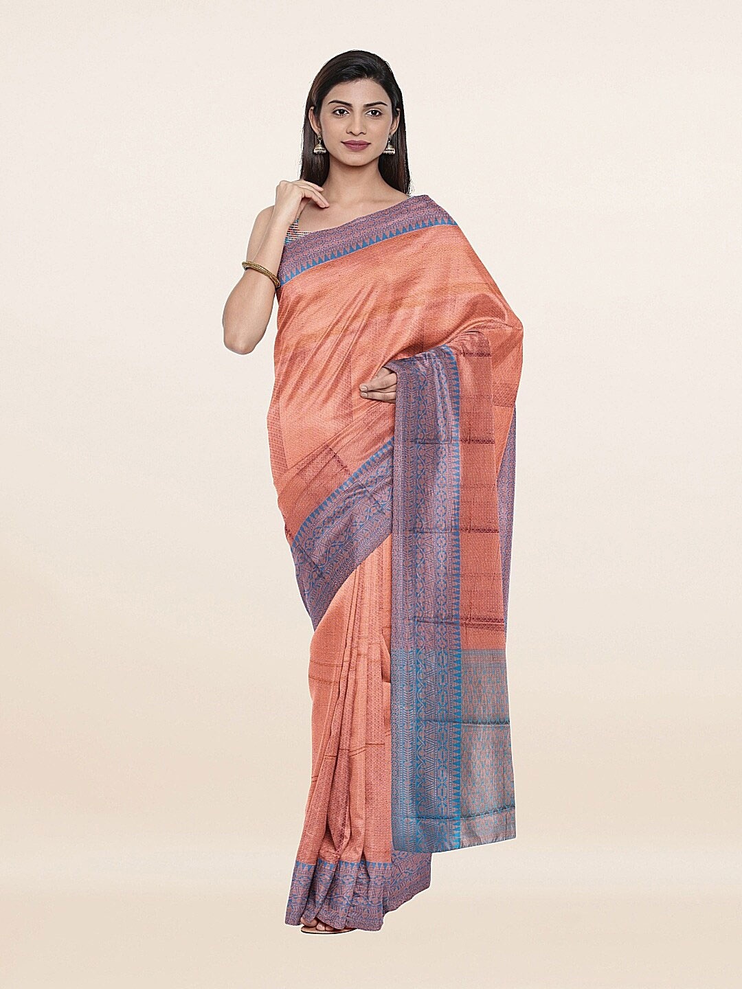 

Pothys Peach-Coloured & Blue Woven Design Zari Art Dupion Saree