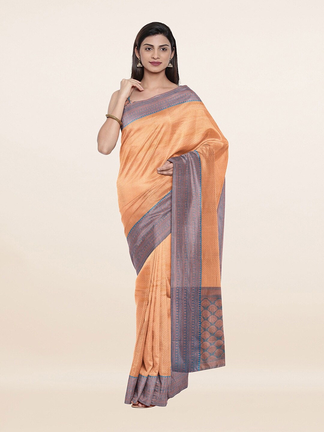 

Pothys Cream-Coloured & Purple Woven Design Art Silk Saree